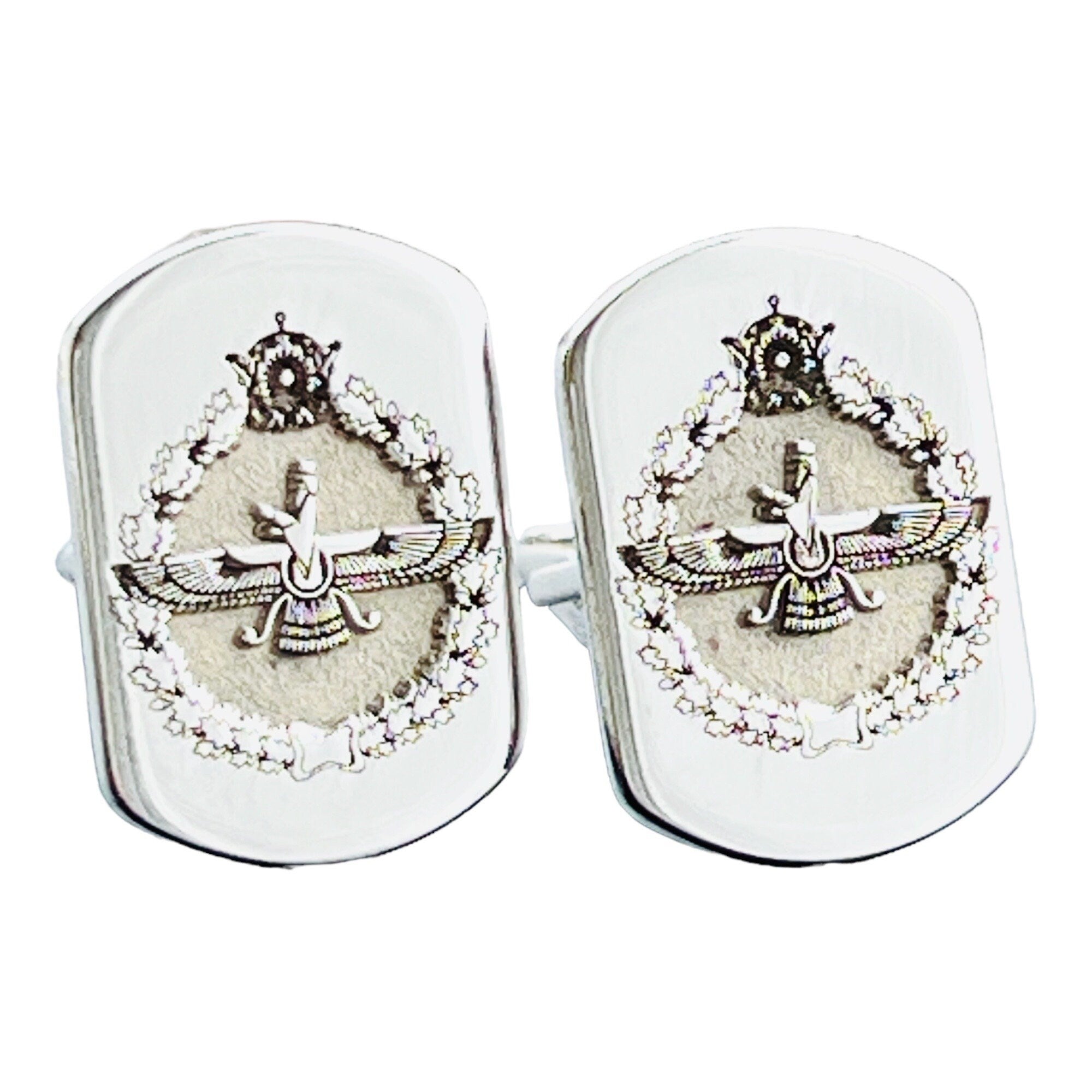 Sterling Silver Faravahar Cufflinks – Traditional Zoroastrian Jewelry, Persian Mythology Symbol, Men’s Elegant Silver Accessory