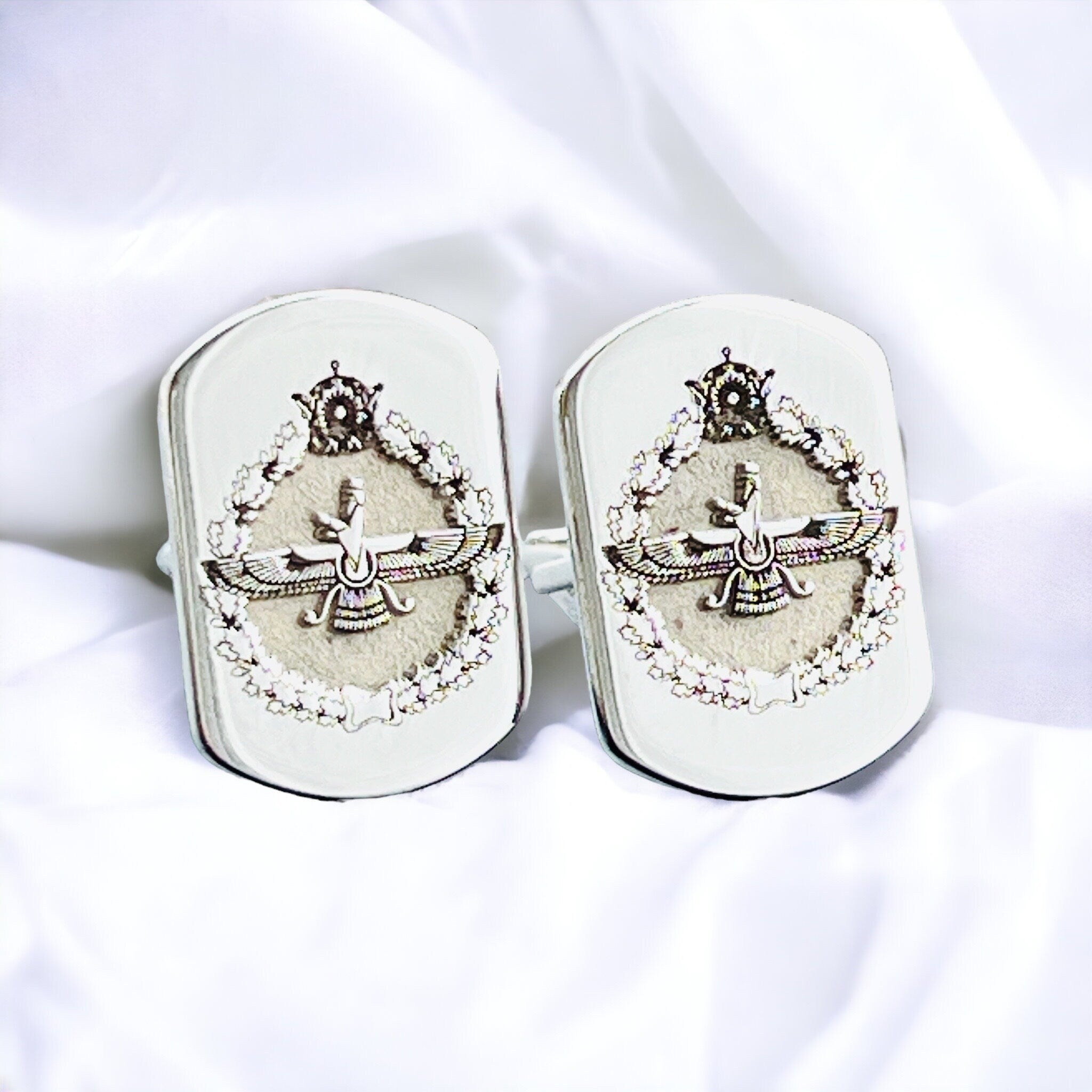 Sterling Silver Faravahar Cufflinks – Traditional Zoroastrian Jewelry, Persian Mythology Symbol, Men’s Elegant Silver Accessory