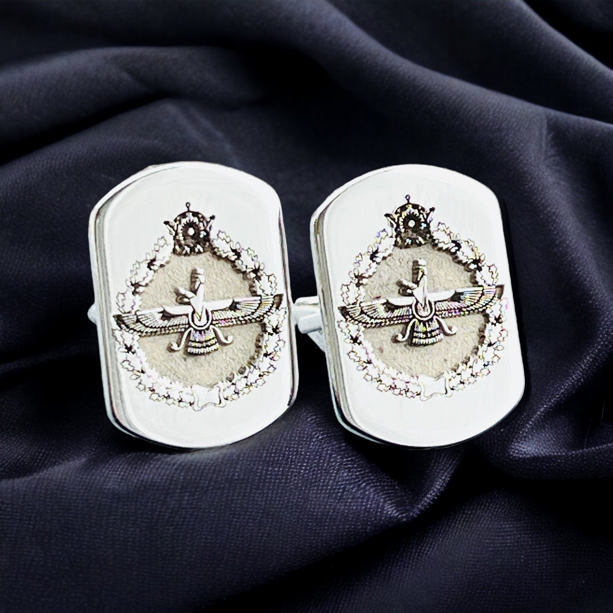 Sterling Silver Faravahar Cufflinks – Traditional Zoroastrian Jewelry, Persian Mythology Symbol, Men’s Elegant Silver Accessory