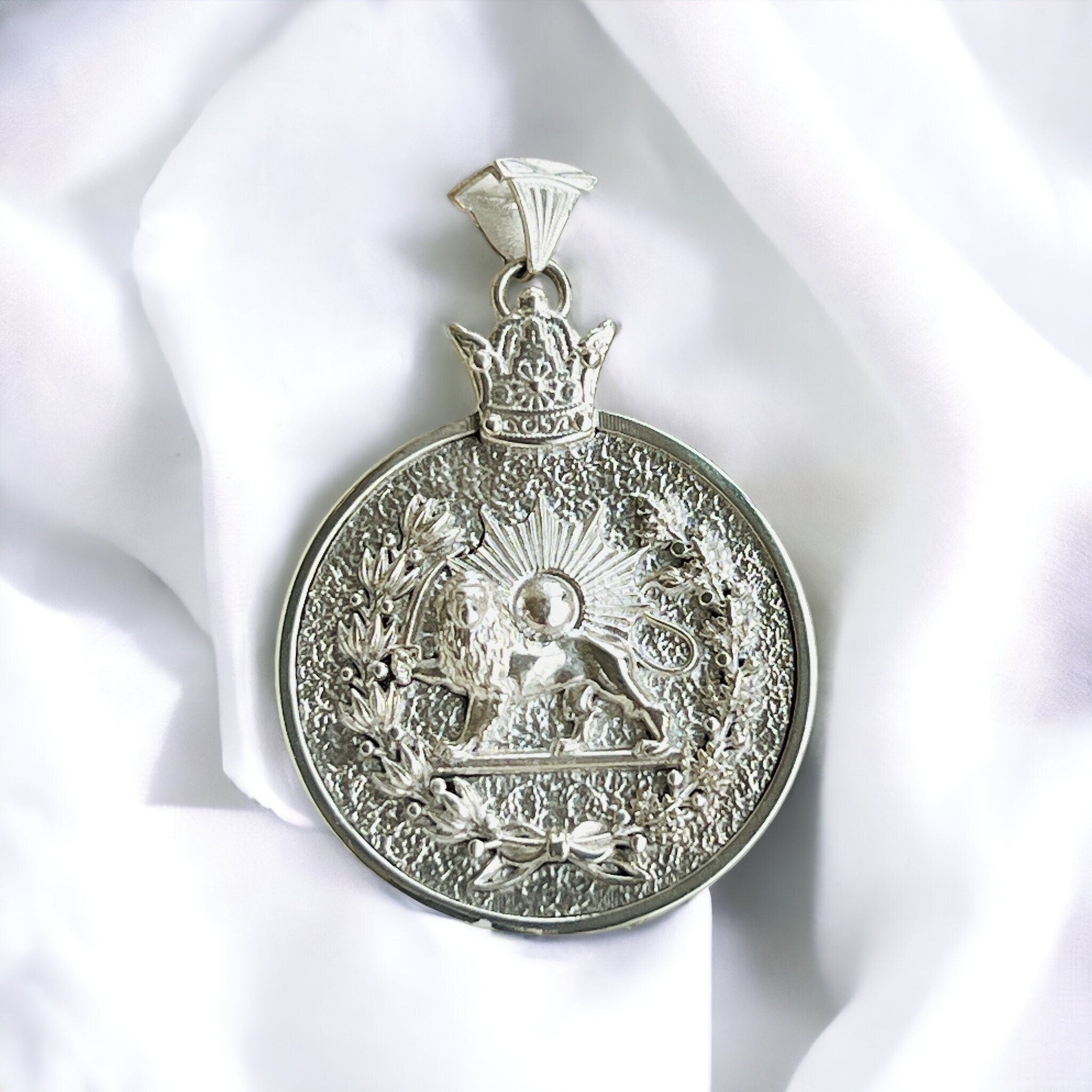 Sterling Silver Persian Pahlavi Imperial Lion & Sun Pendant: Pahlavi Dynasty Pendant