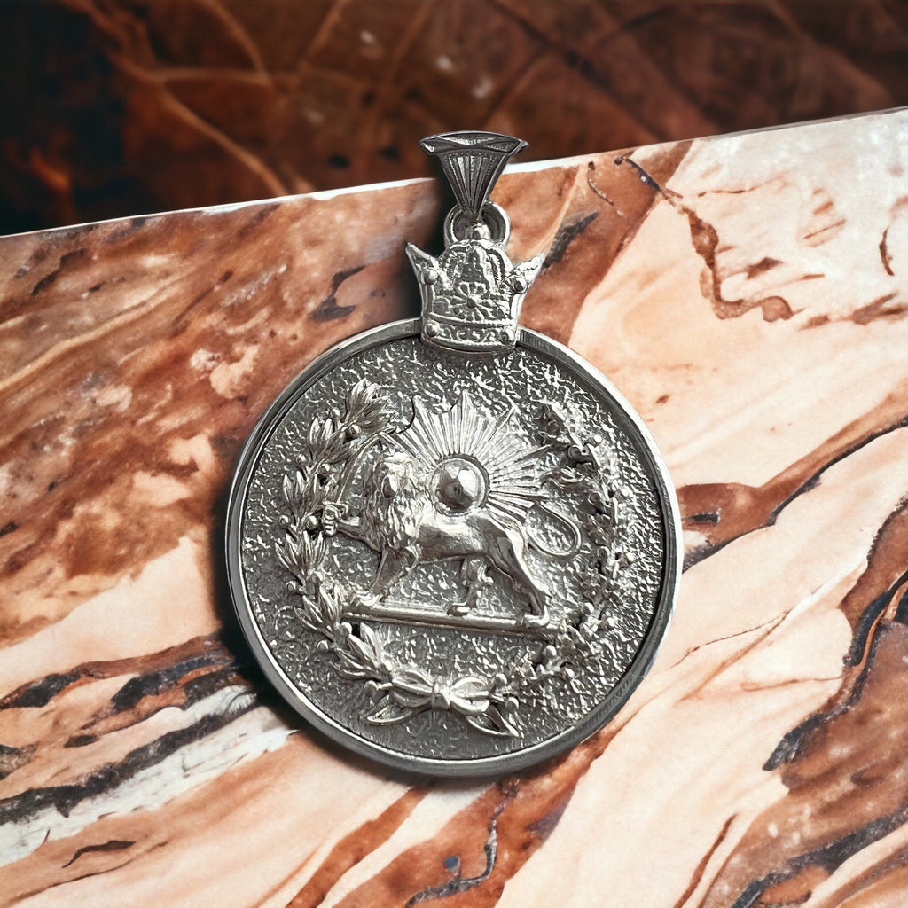 Sterling Silver Persian Pahlavi Imperial Lion & Sun Pendant: Pahlavi Dynasty Pendant