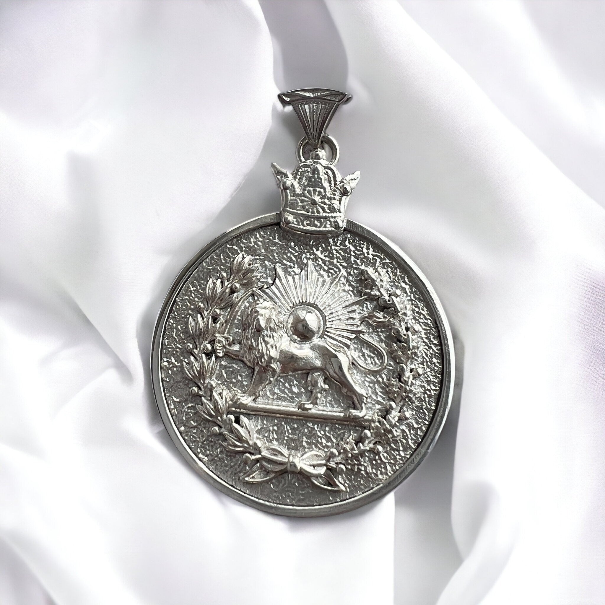 Sterling Silver Persian Pahlavi Imperial Lion & Sun Pendant: Pahlavi Dynasty Pendant
