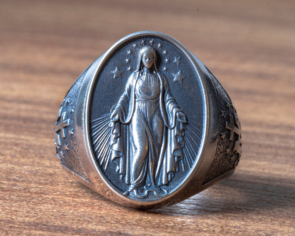 Handmade Sterling Silver Virgin Mary Ring: Catholic Religious Jewelry