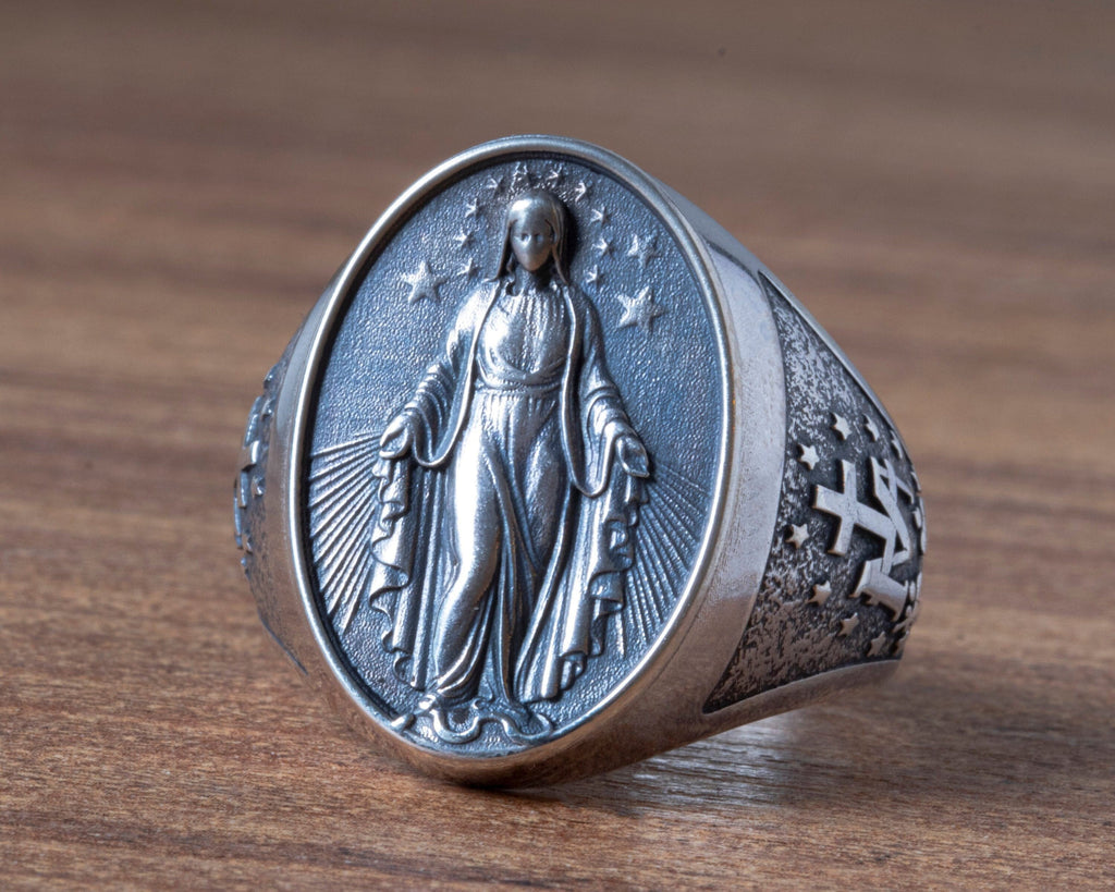 Handmade Sterling Silver Virgin Mary Ring: Catholic Religious Jewelry