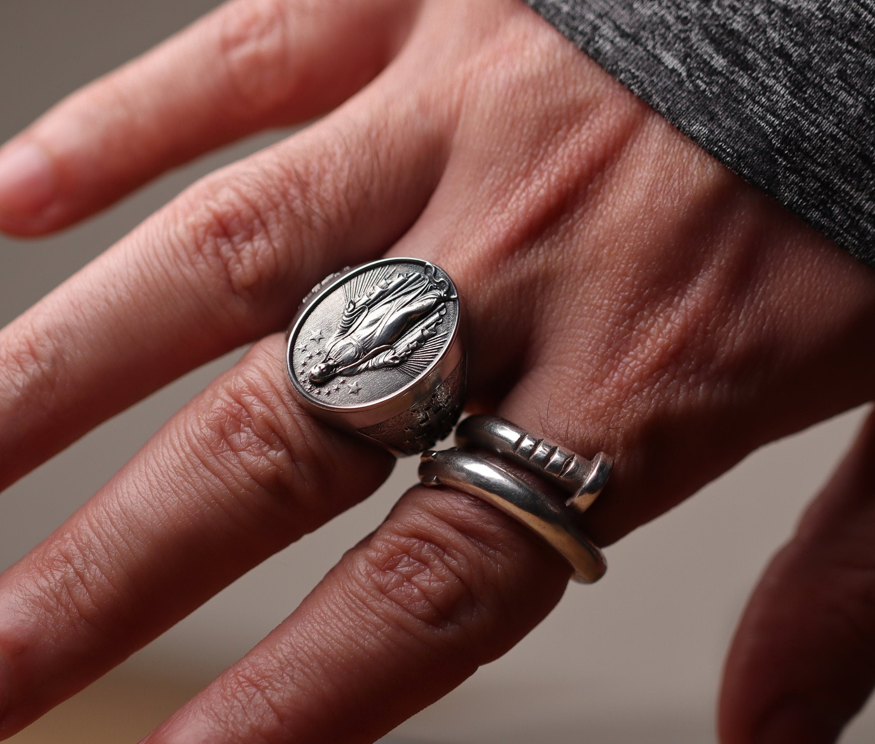 Handmade Sterling Silver Virgin Mary Ring: Catholic Religious Jewelry