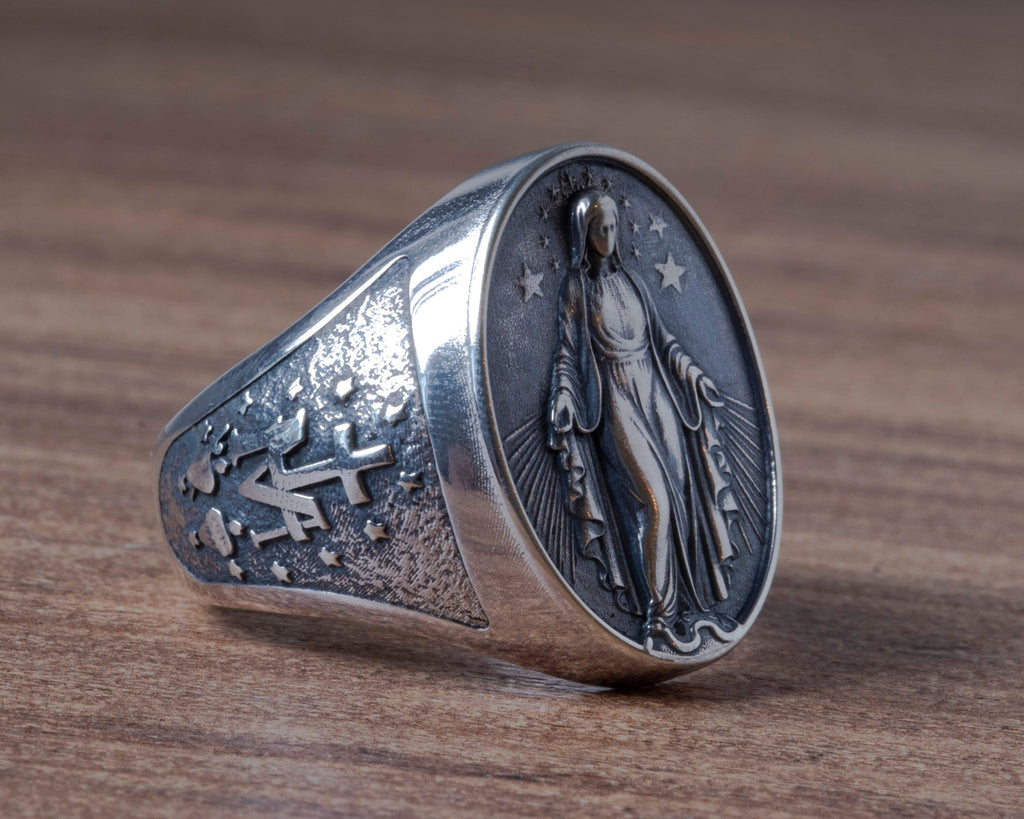 Handmade Sterling Silver Virgin Mary Ring: Catholic Religious Jewelry