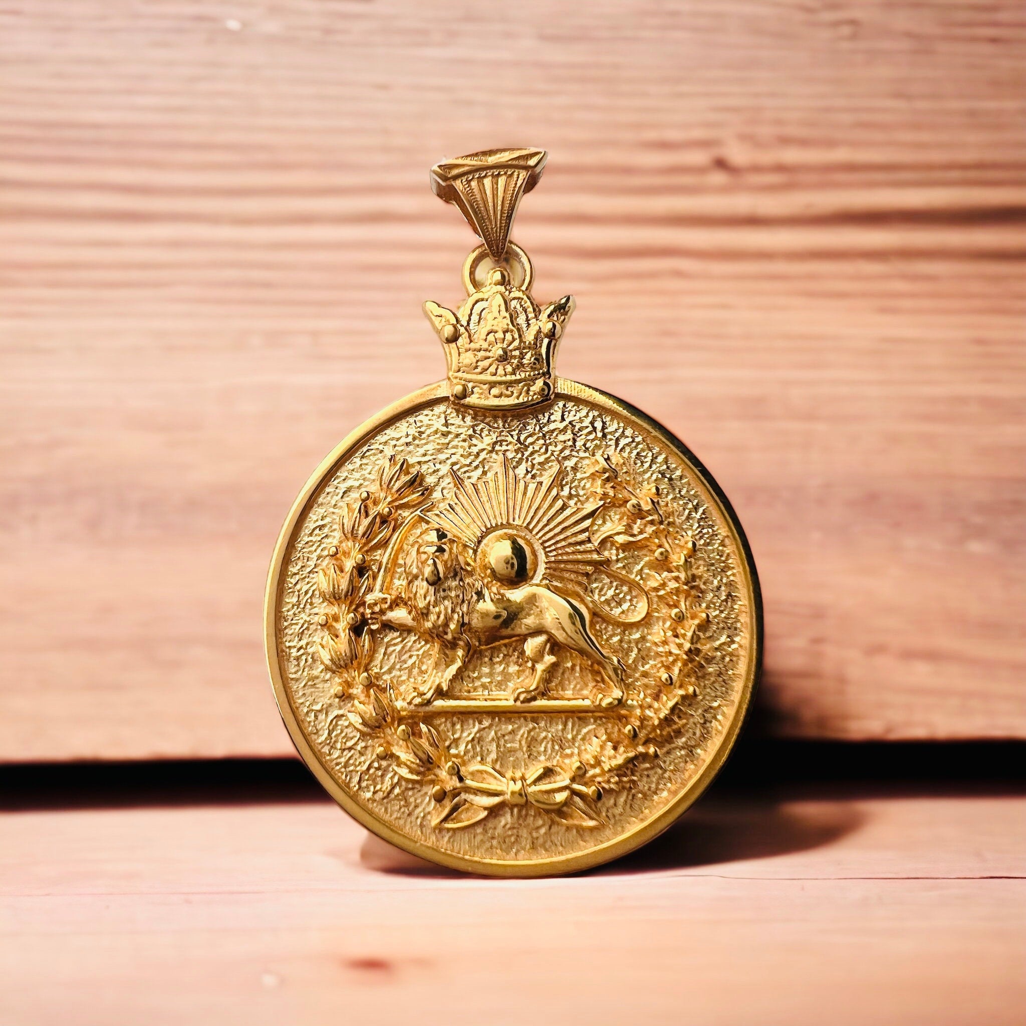 22k Gold Plaited Lion & Sun Pendant: 925 Silver Farvahar Necklace