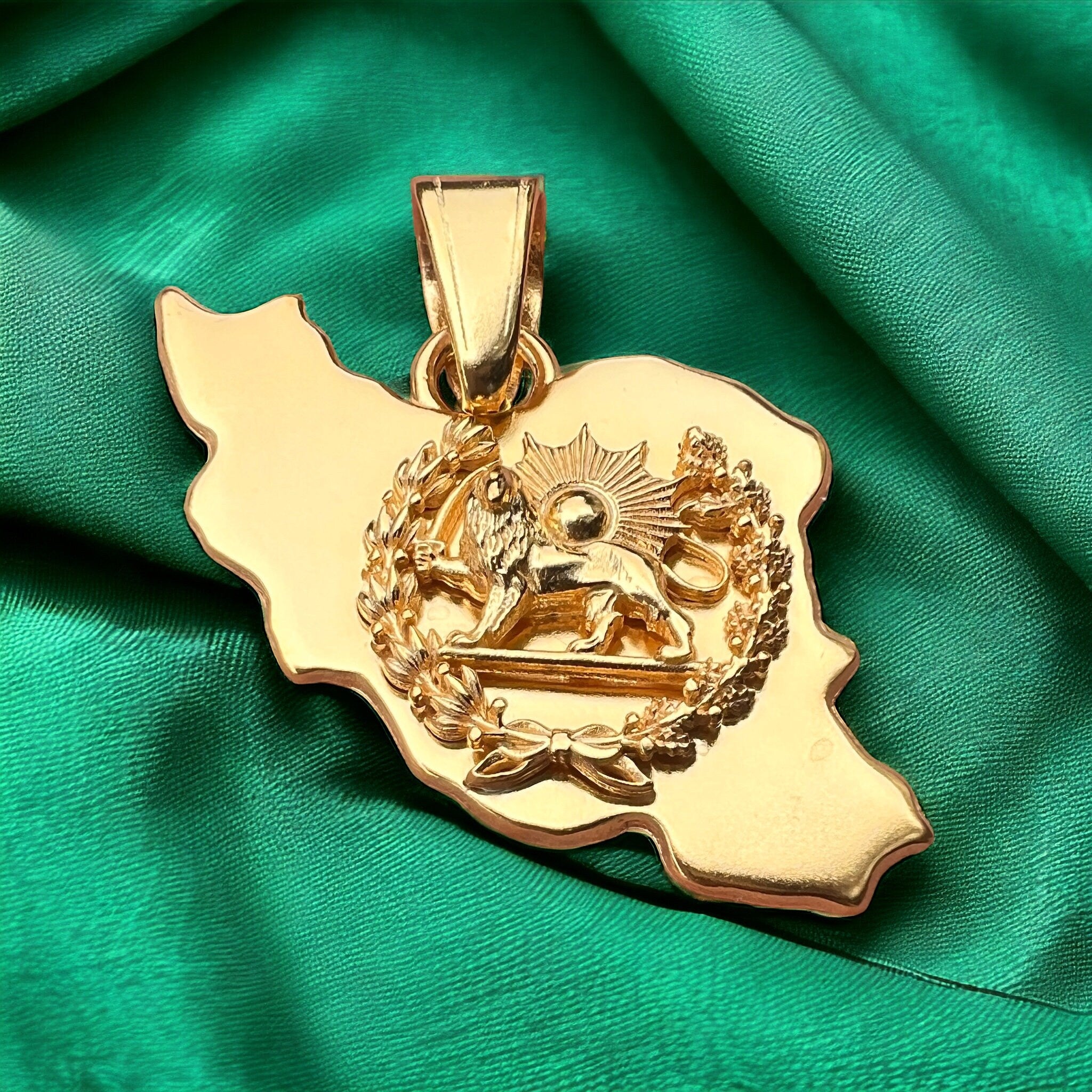 Pahlavi Lion & Sun Persia Map Pendant Gold Plated 925 Silver, Persian,Made in Turkey