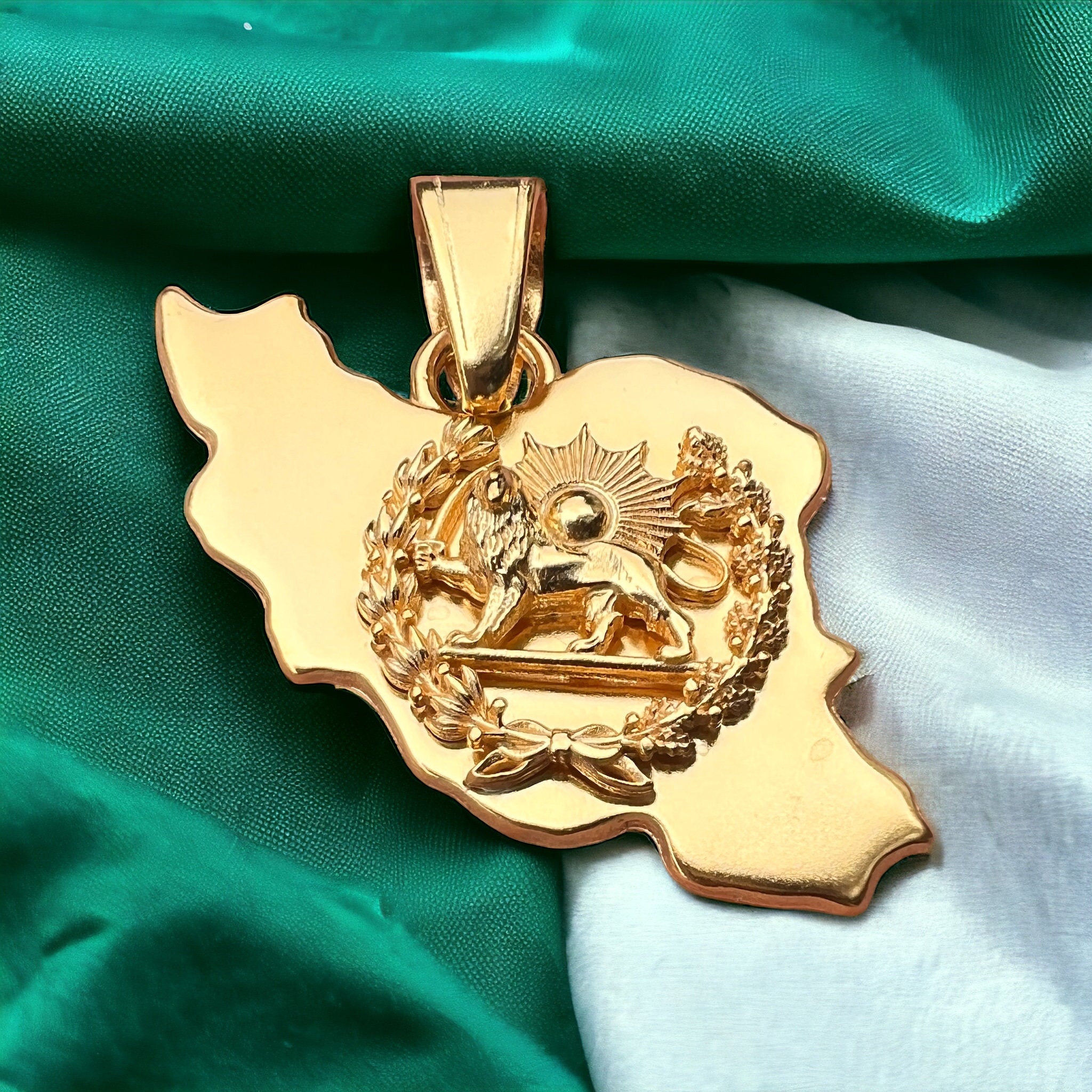 Pahlavi Lion & Sun Persia Map Pendant Gold Plated 925 Silver, Persian,Made in Turkey