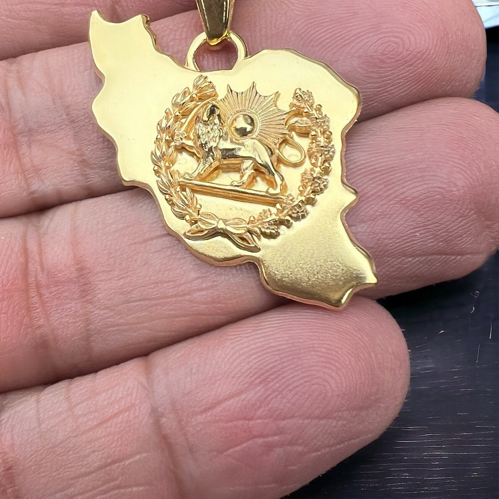 Pahlavi Lion & Sun Persia Map Pendant Gold Plated 925 Silver, Persian,Made in Turkey