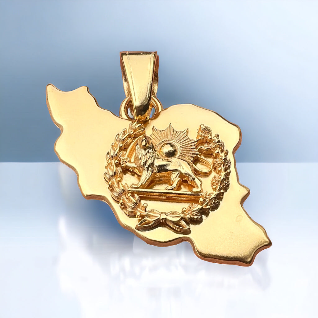 Pahlavi Lion & Sun Persia Map Pendant Gold Plated 925 Silver, Persian,Made in Turkey