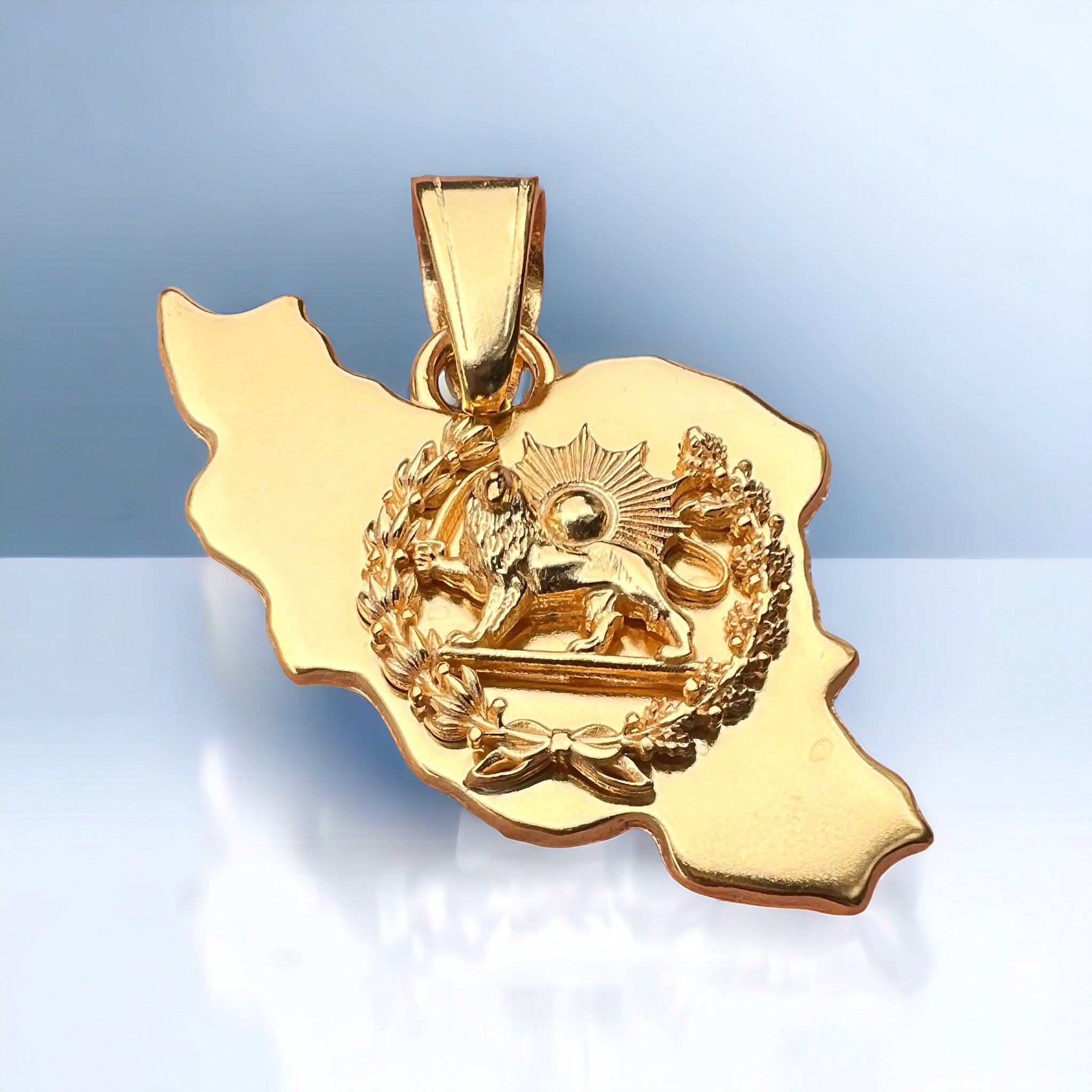 Pahlavi Lion & Sun Persia Map Pendant Gold Plated 925 Silver, Persian,Made in Turkey