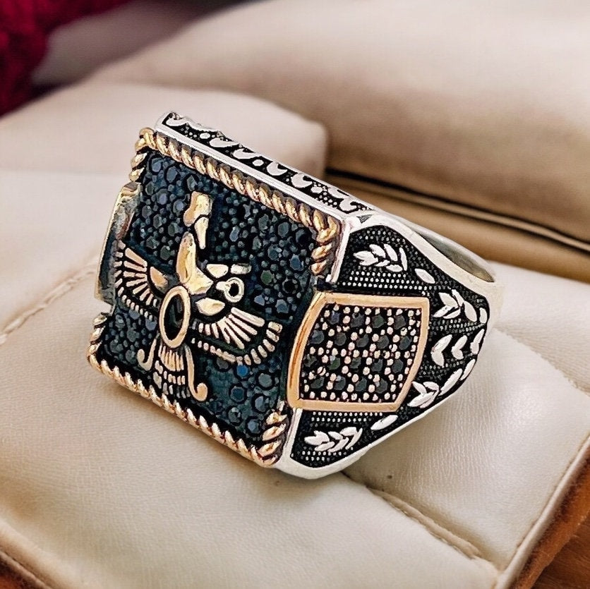 Handmade Zoroastrian Farvahar Ring: Black Cubic Zirconia, 925k Sterling Silver