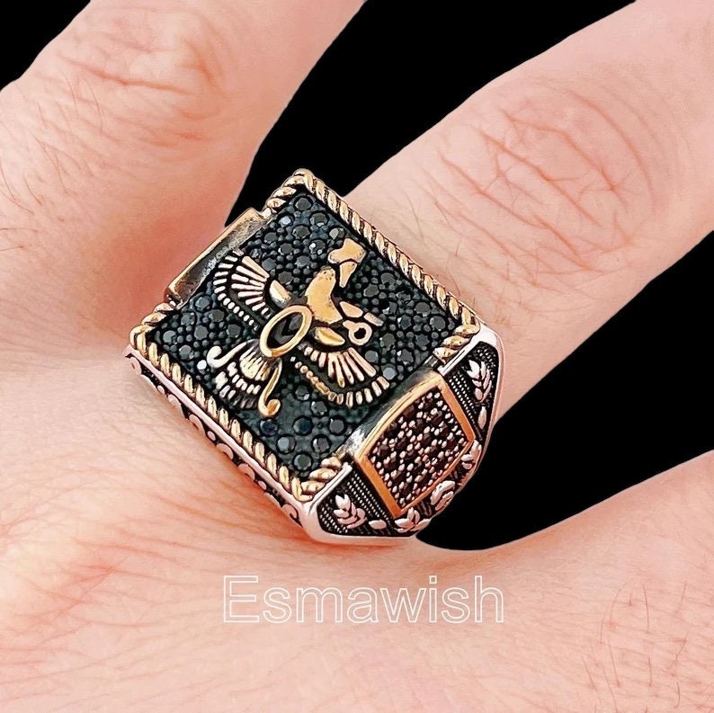 Handmade Zoroastrian Farvahar Ring: Black Cubic Zirconia, 925k Sterling Silver