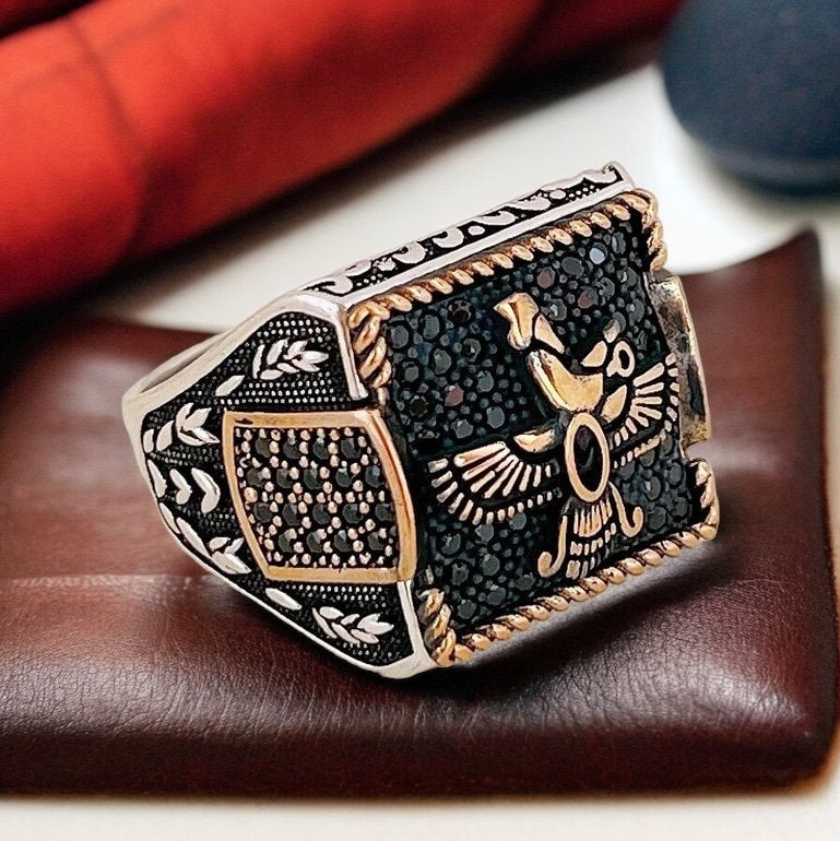 Handmade Zoroastrian Farvahar Ring: Black Cubic Zirconia, 925k Sterling Silver