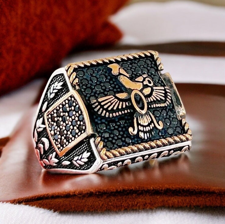 Handmade Zoroastrian Farvahar Ring: Black Cubic Zirconia, 925k Sterling Silver