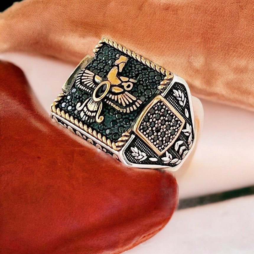 Handmade Zoroastrian Farvahar Ring: Black Cubic Zirconia, 925k Sterling Silver