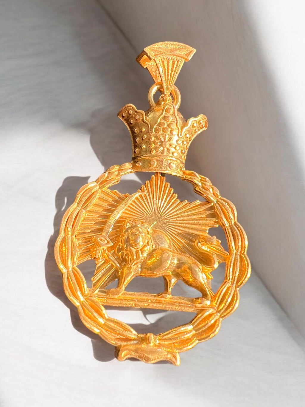 22k Gold Plaited Lion & Sun Pendant: Qajar Era Sterling Silver Necklace