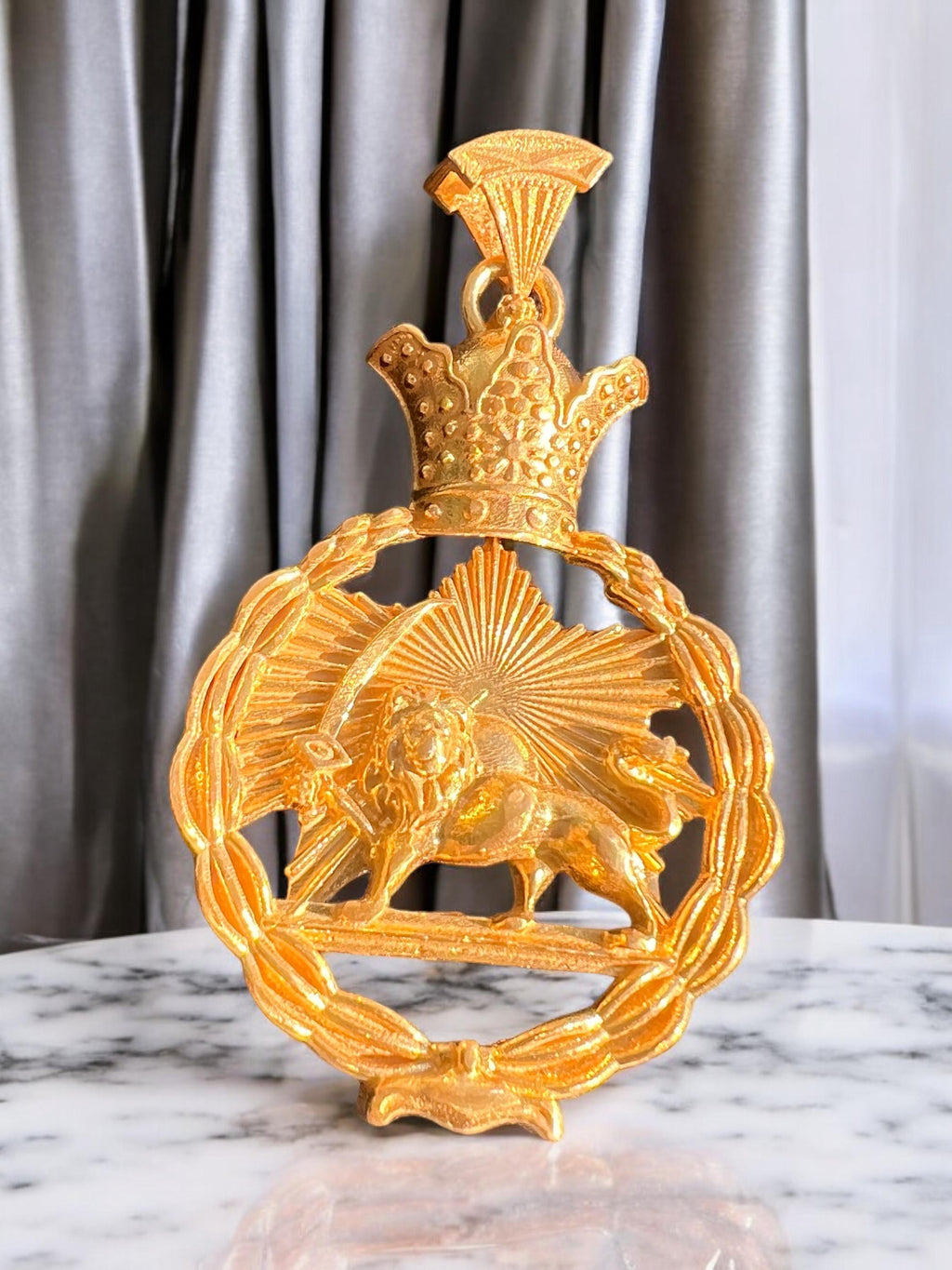 22k Gold Plaited Lion & Sun Pendant: Qajar Era Sterling Silver Necklace