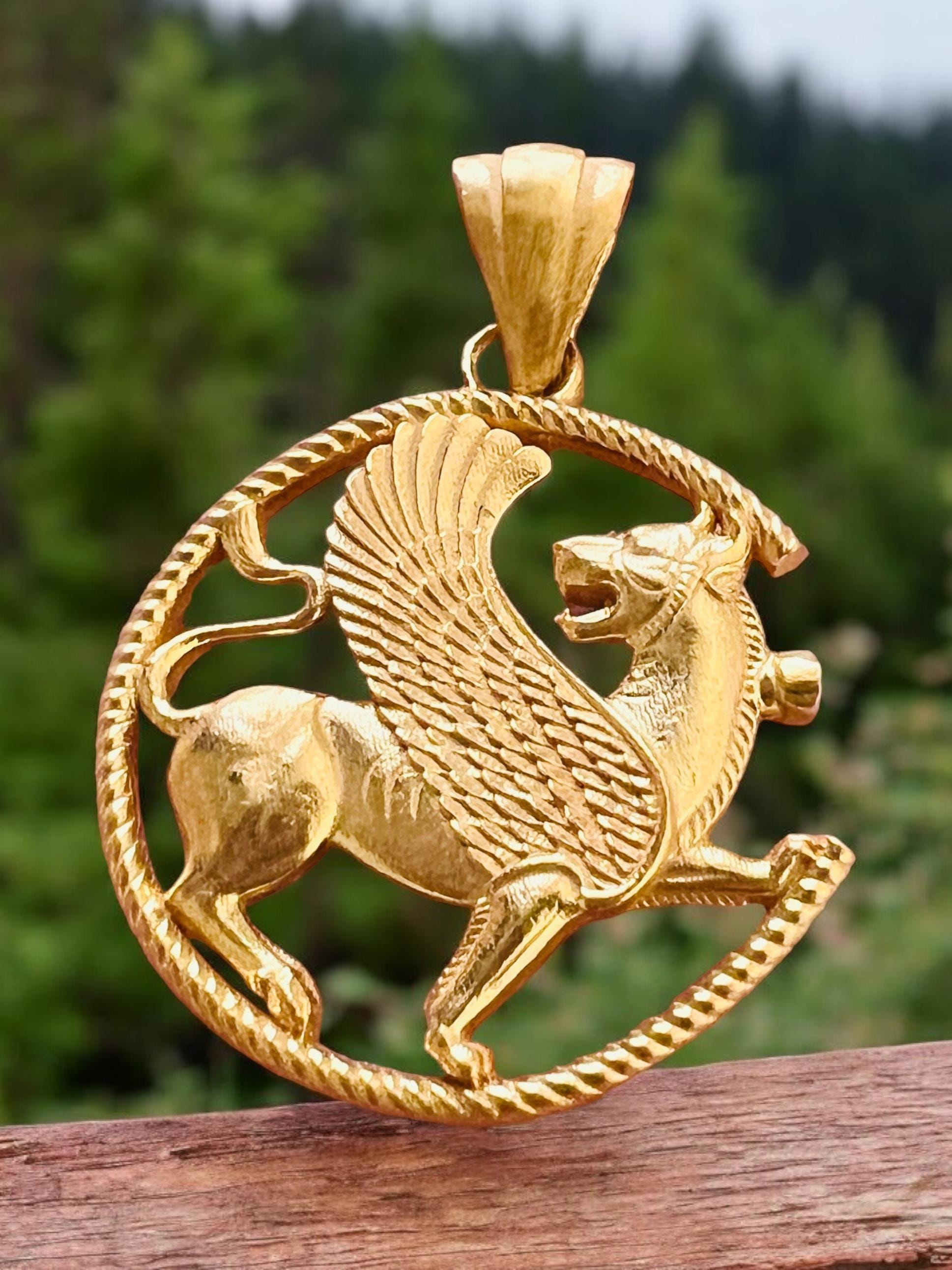 22K Gold Plated Griffin Pendant: Persian Imperial 925k Silver Necklace