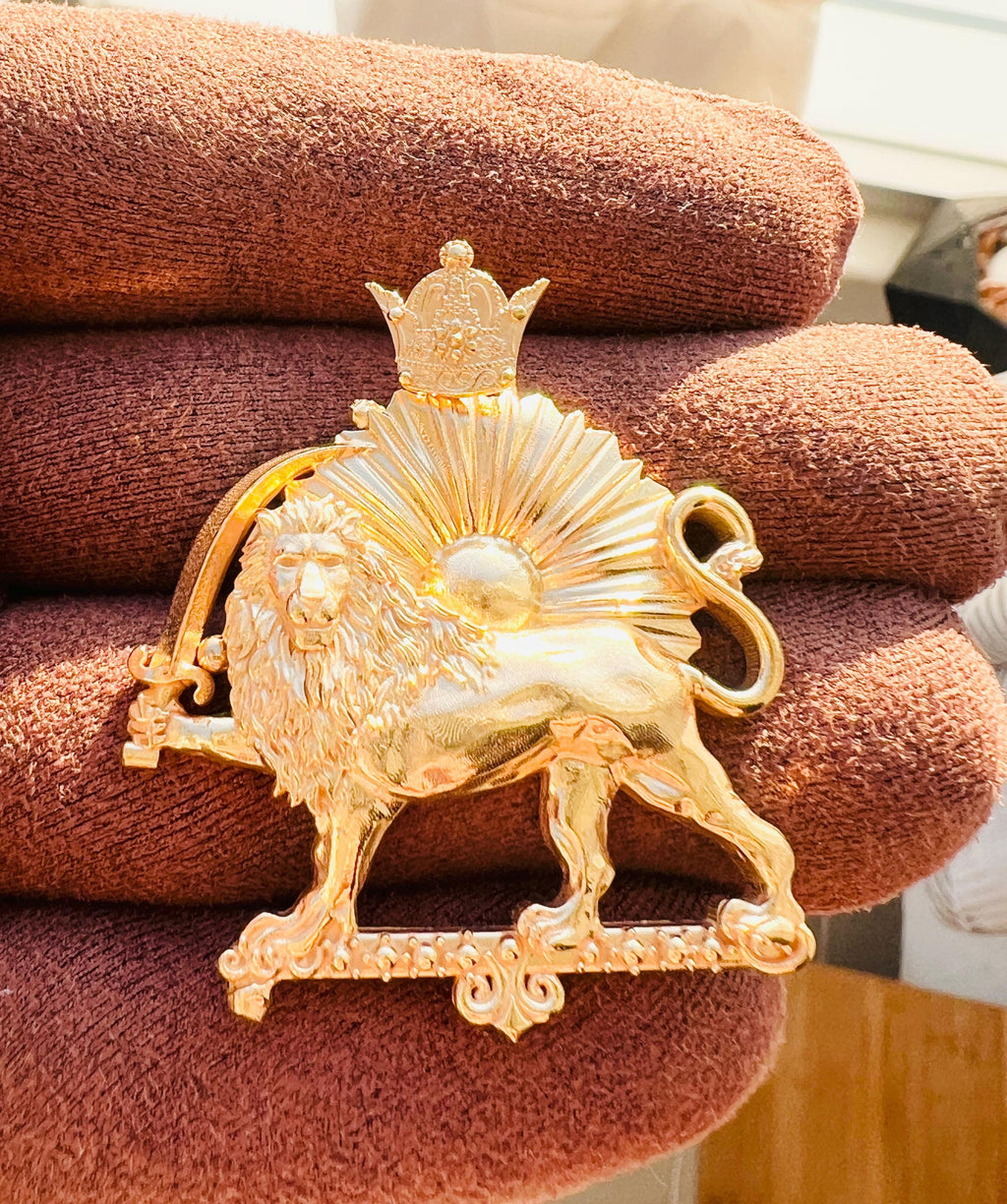 Large 22k Gold Plaited Lion & Sun Pendant: Persian Pahlavi Jewelry Necklace, Made in Turkey