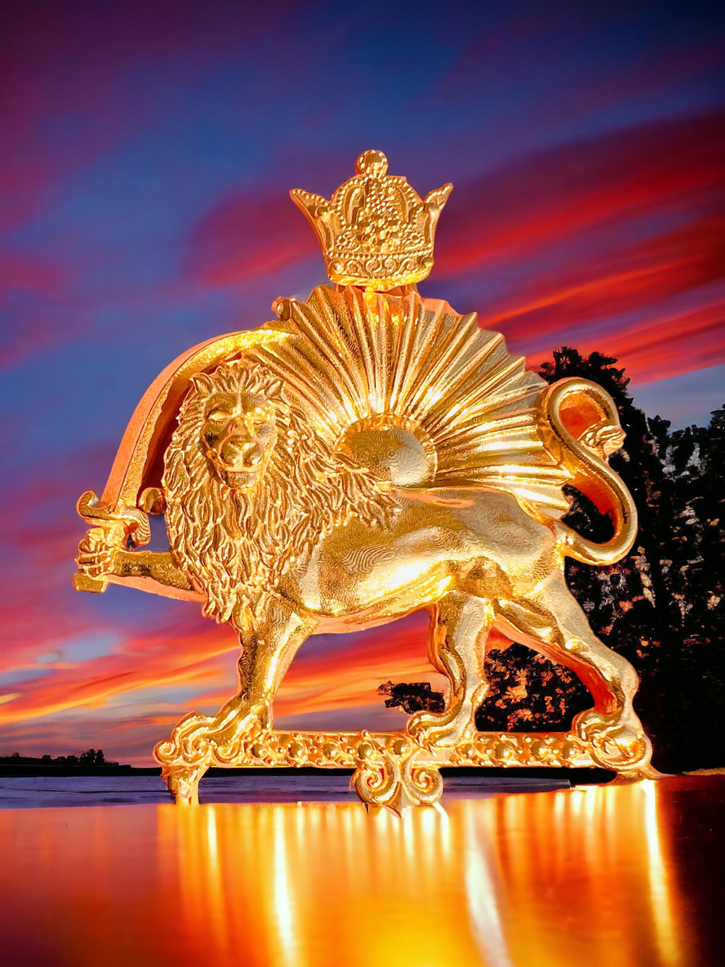 Large 22k Gold Plaited Lion & Sun Pendant: Persian Pahlavi Jewelry Necklace, Made in Turkey