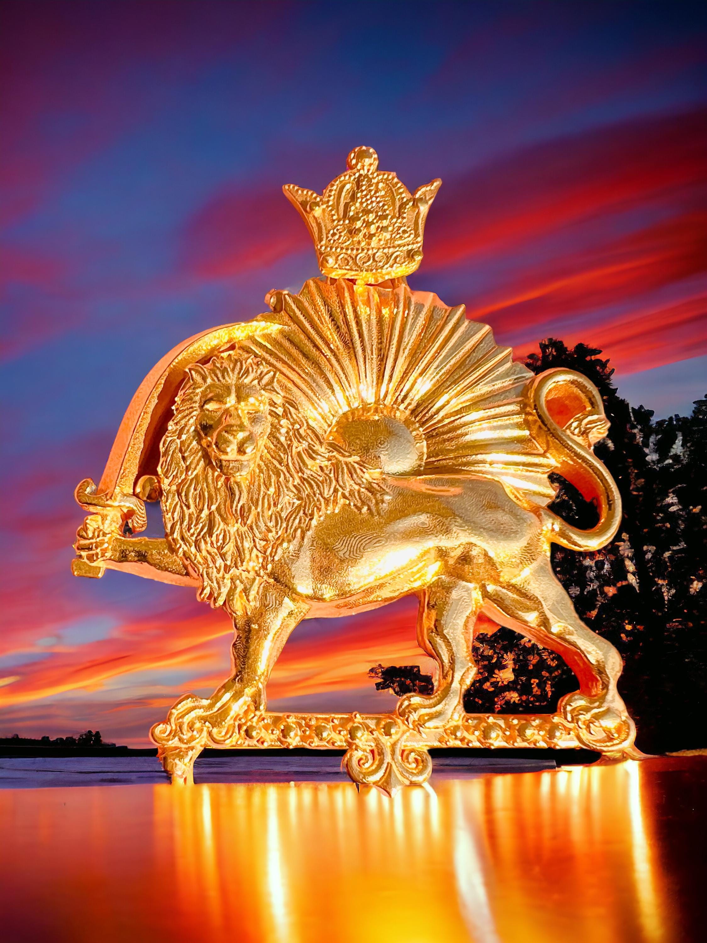 Large 22k Gold Plaited Lion & Sun Pendant: Persian Pahlavi Jewelry Necklace, Made in Turkey