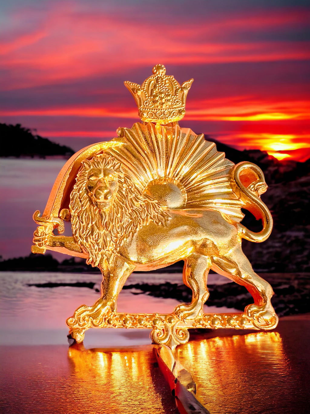 Large 22k Gold Plaited Lion & Sun Pendant: Persian Pahlavi Jewelry Necklace, Made in Turkey