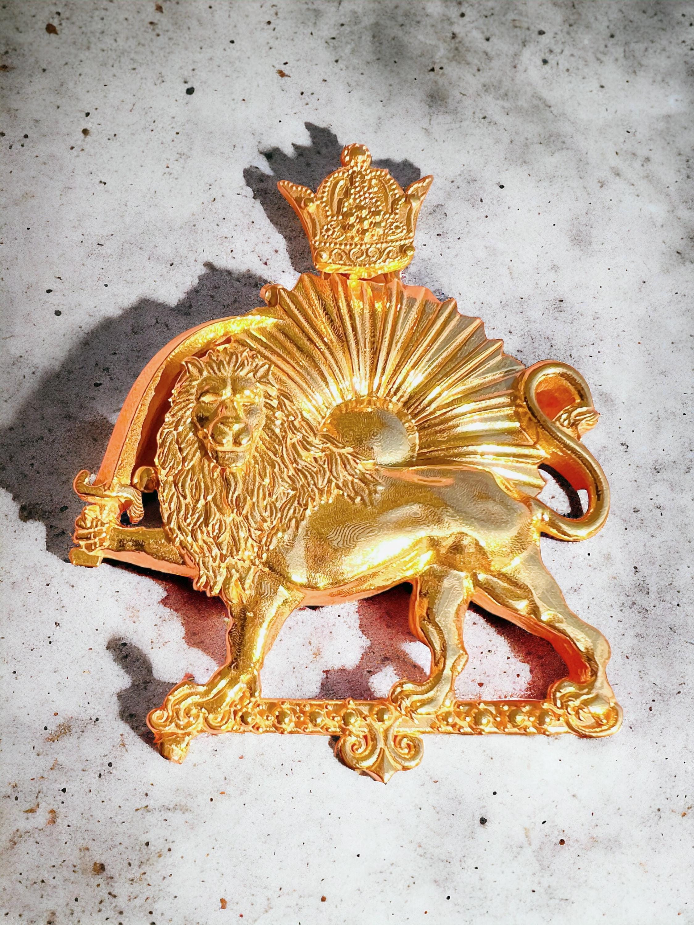 Large 22k Gold Plaited Lion & Sun Pendant: Persian Pahlavi Jewelry Necklace, Made in Turkey