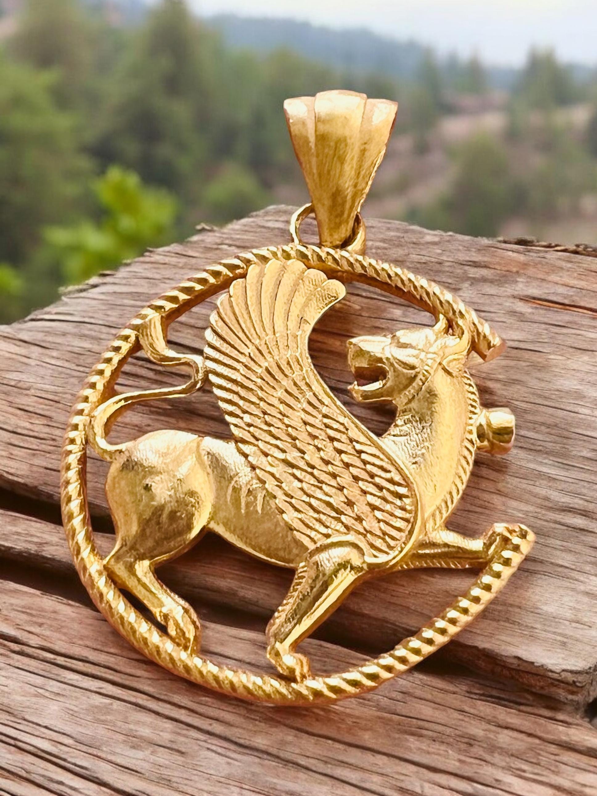 22K Gold Plated Griffin Pendant: Persian Imperial 925k Silver Necklace