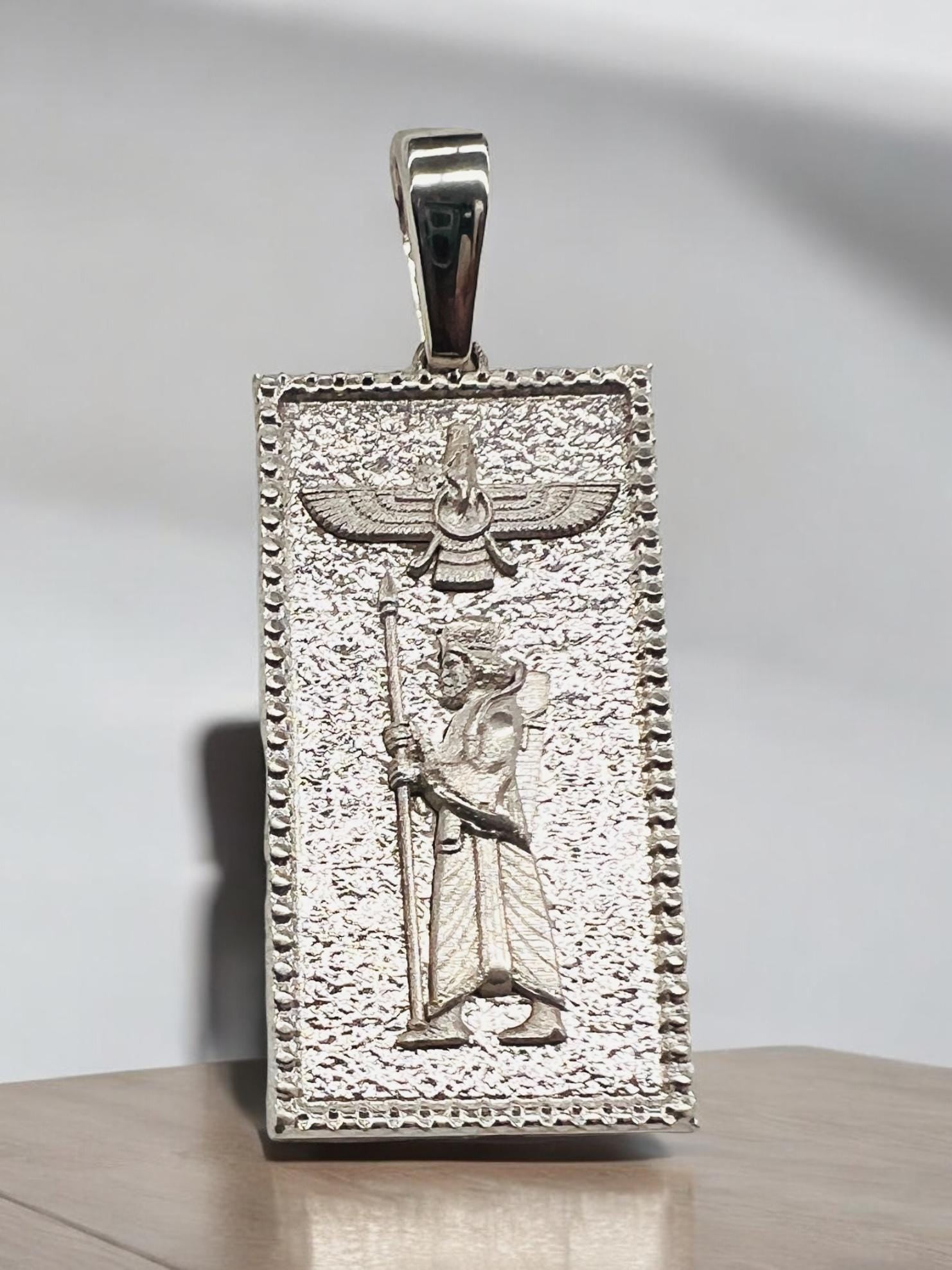 Farsi Persian Persia Farvahar & Achaemenid Soldier 925 Silver Pendant Necklace, Made in Turkey