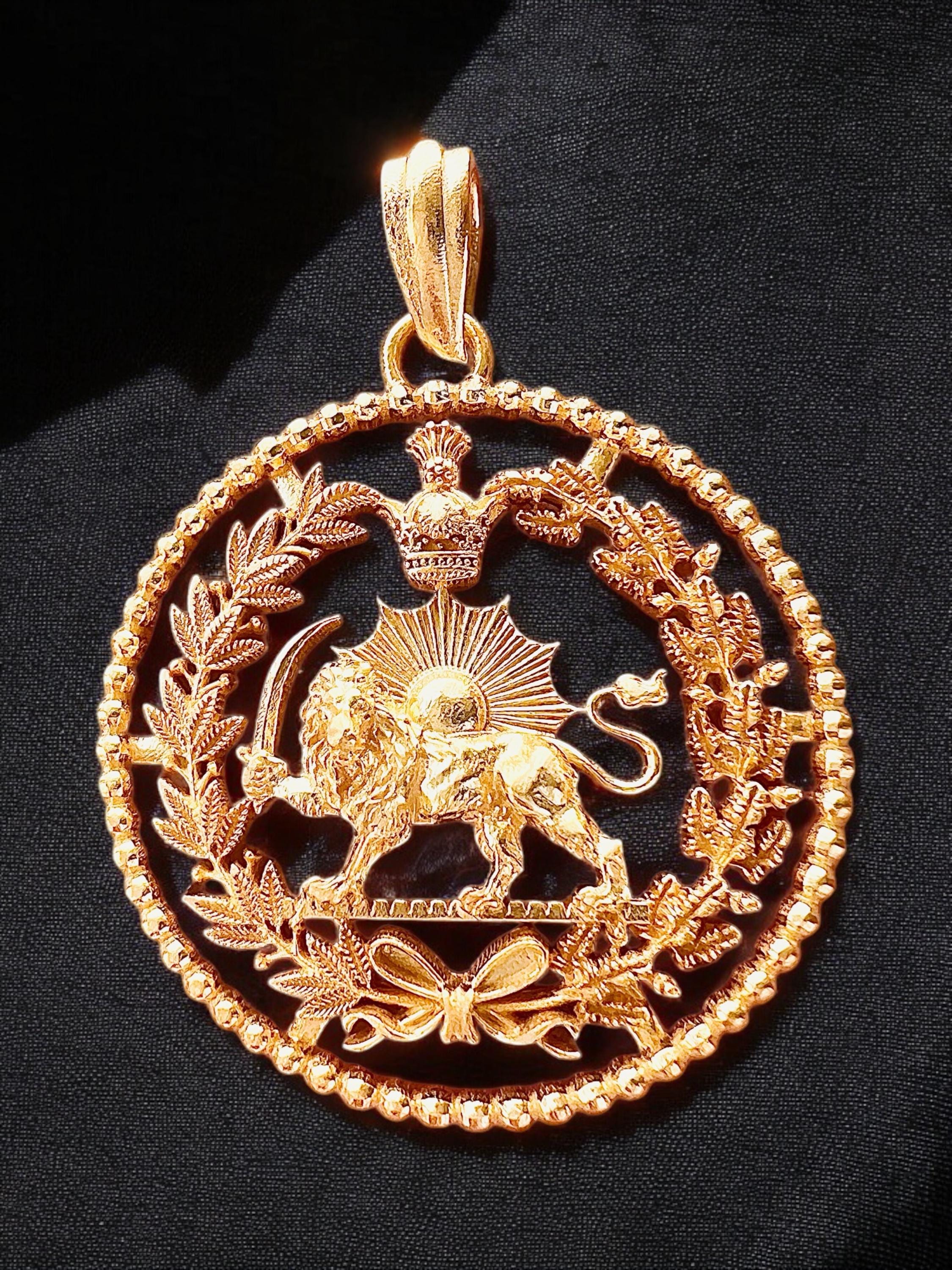 Pahlavi 22k Gold Plaited Lion & Sun Pendant: 925 Silver Farvahar Necklace