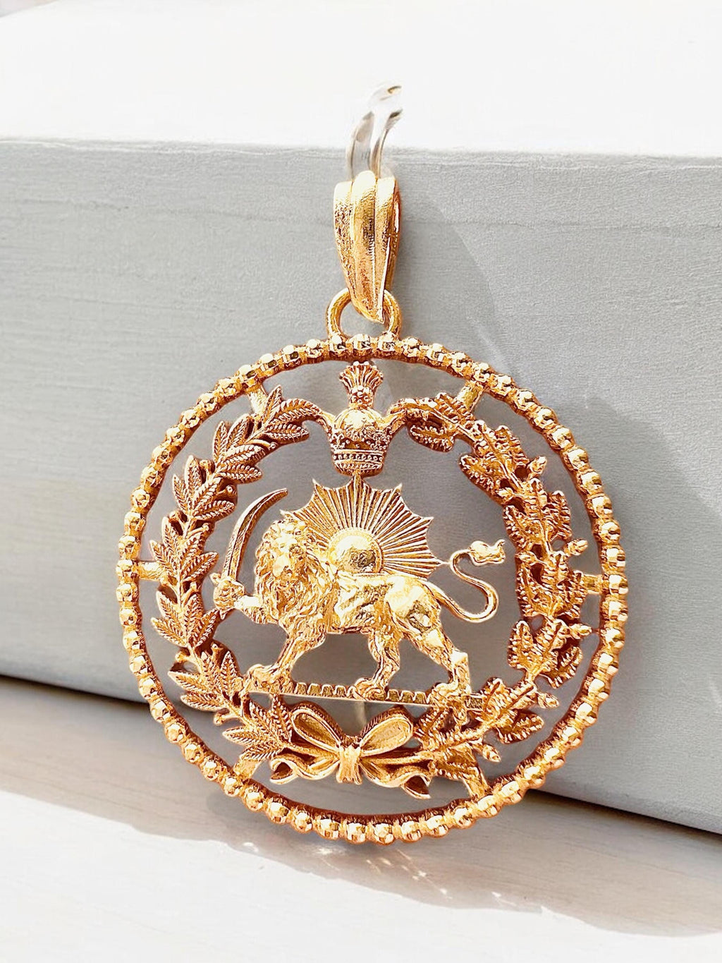 Pahlavi 22k Gold Plaited Lion & Sun Pendant: 925 Silver Farvahar Necklace