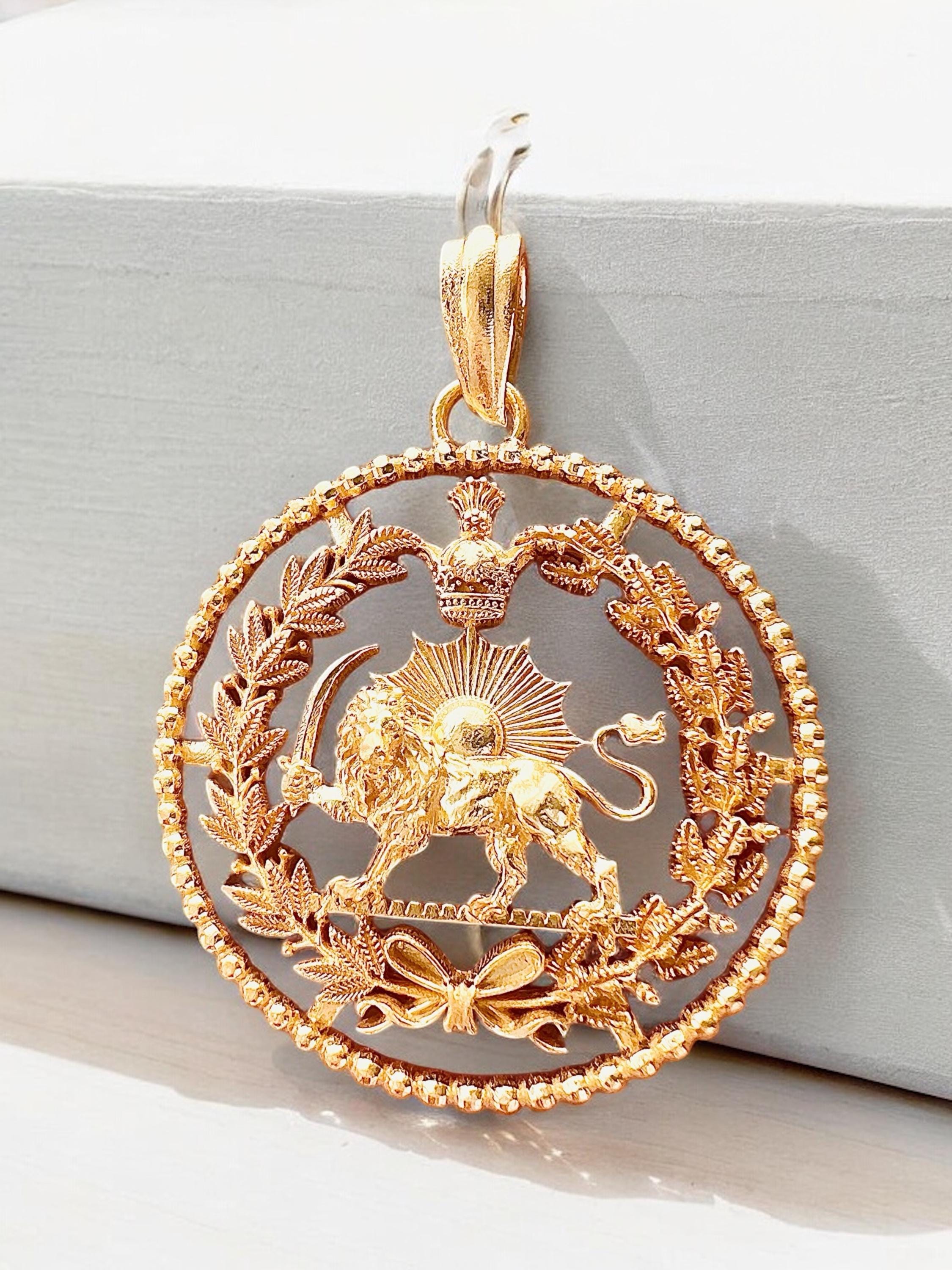 Pahlavi 22k Gold Plaited Lion & Sun Pendant: 925 Silver Farvahar Necklace