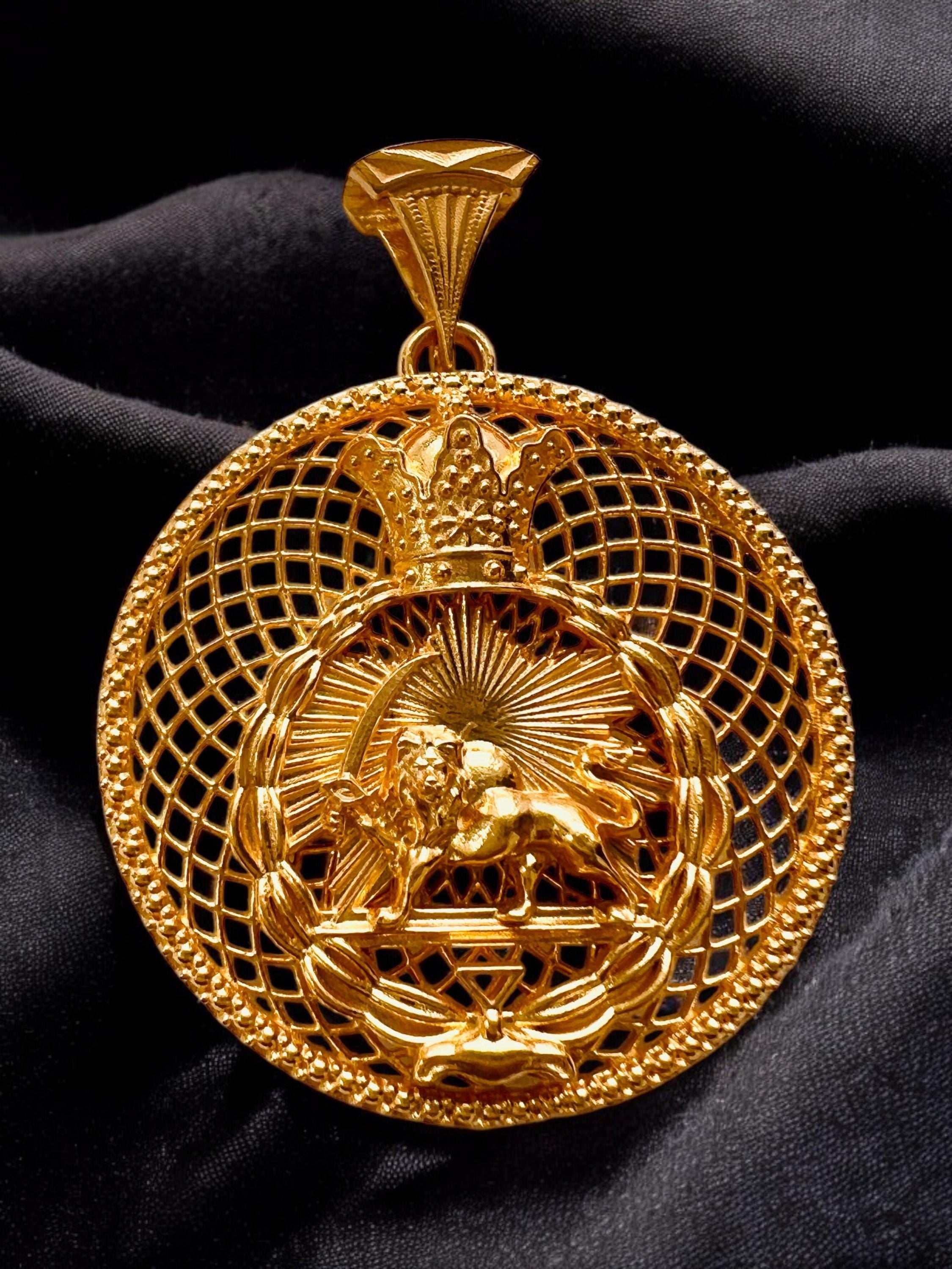 Gold Plated Lion & Sun Pendant 925 Silver Pahlavi Persia Persian,Farsi,Made in Turkey