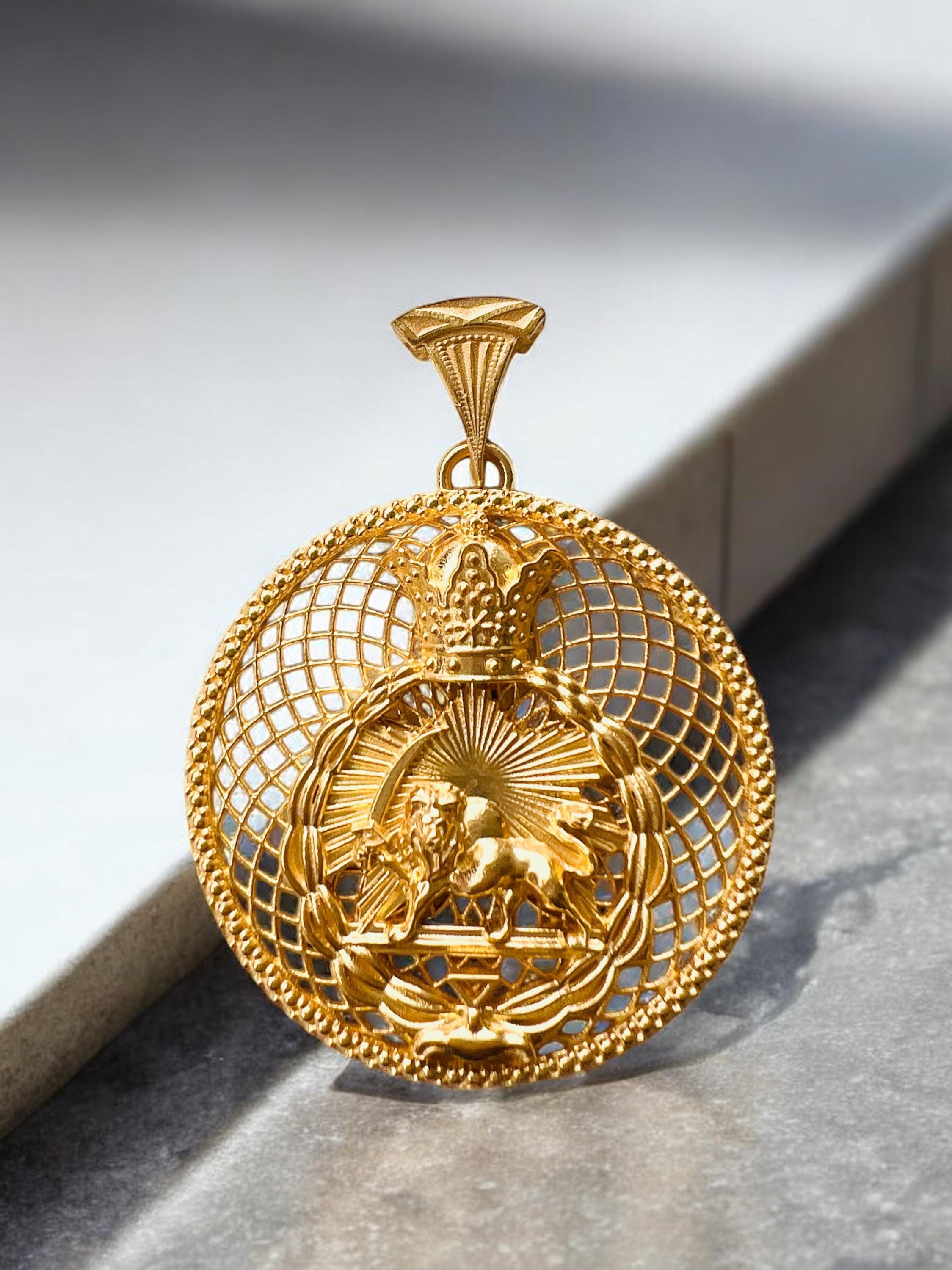 Gold Plated Lion & Sun Pendant 925 Silver Pahlavi Persia Persian,Farsi,Made in Turkey