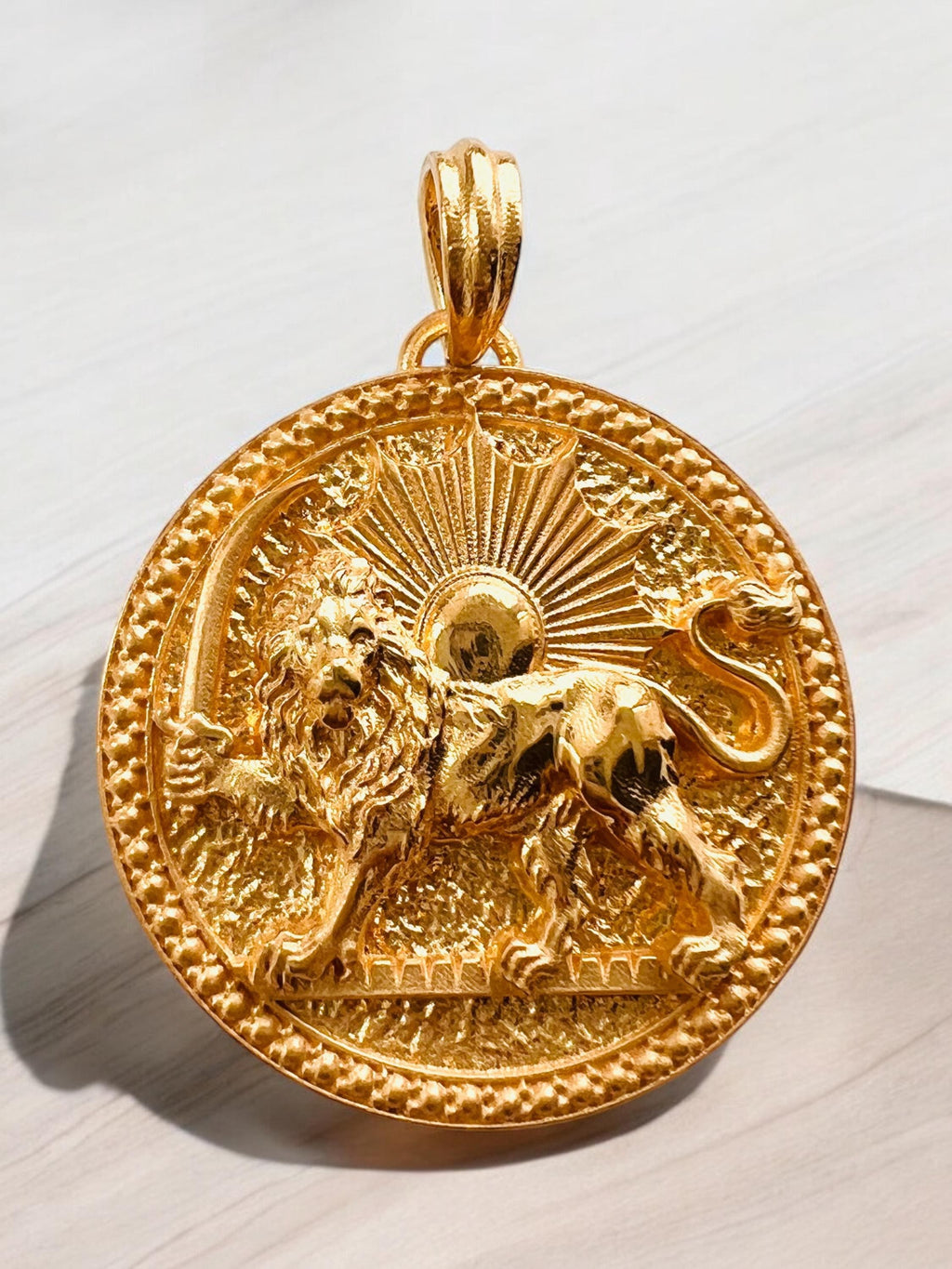 22k Gold Plated Lion & Sun Pendant: 925 Sterling Silver Farvahar Necklace