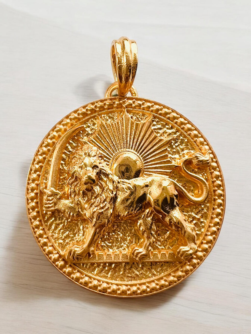 22k Gold Plated Lion & Sun Pendant: 925 Sterling Silver Farvahar Necklace