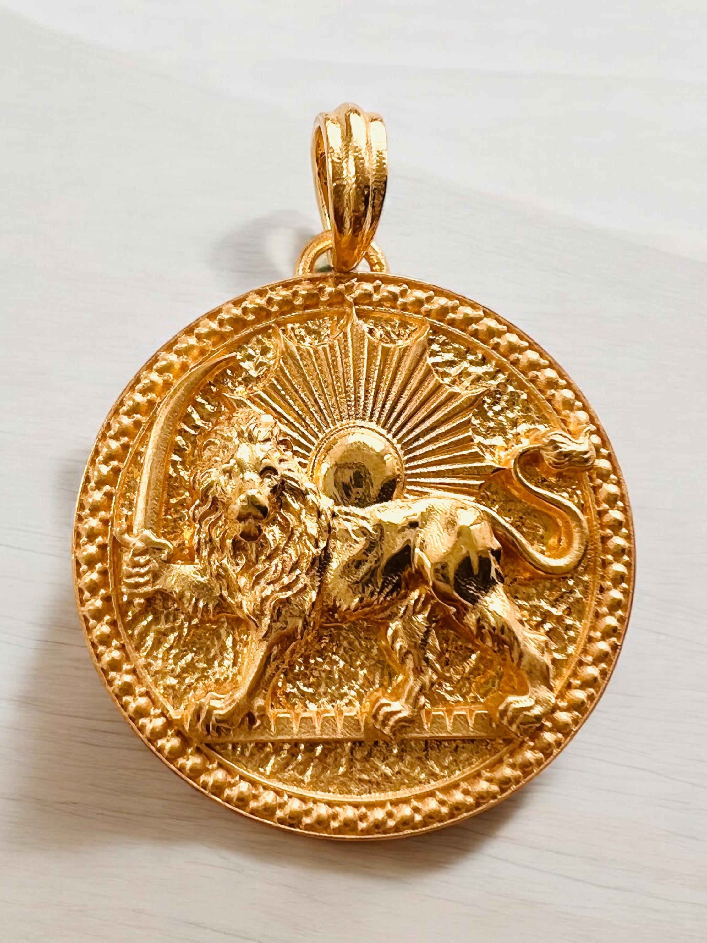 22k Gold Plated Lion & Sun Pendant: 925 Sterling Silver Farvahar Necklace