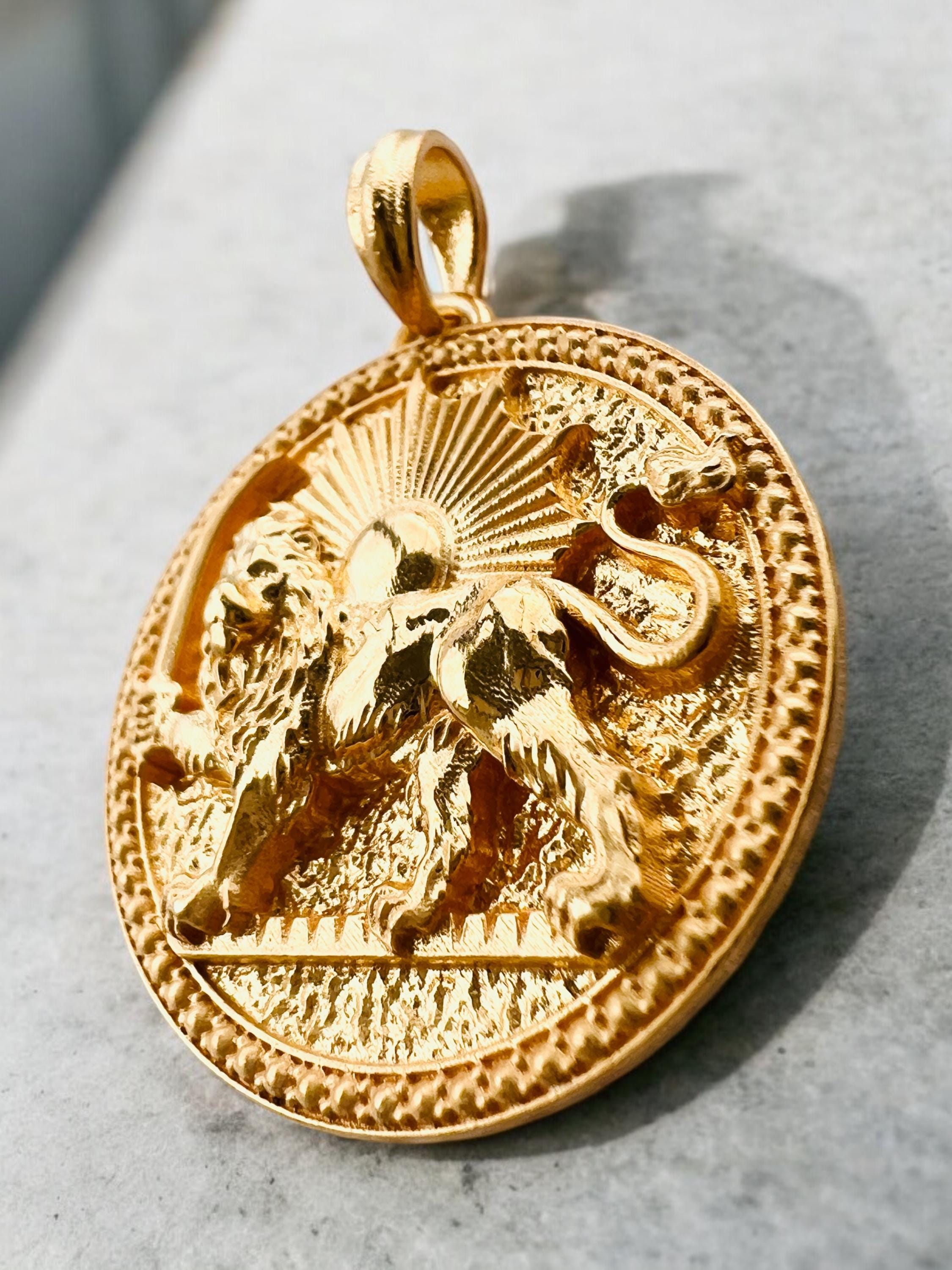 22k Gold Plated Lion & Sun Pendant: 925 Sterling Silver Farvahar Necklace