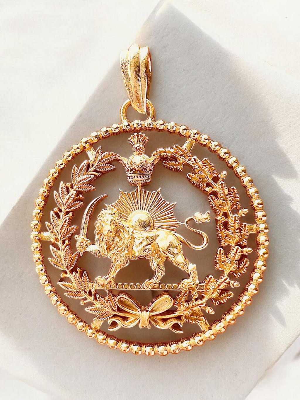 Pahlavi 22k Gold Plaited Lion & Sun Pendant: 925 Silver Farvahar Necklace