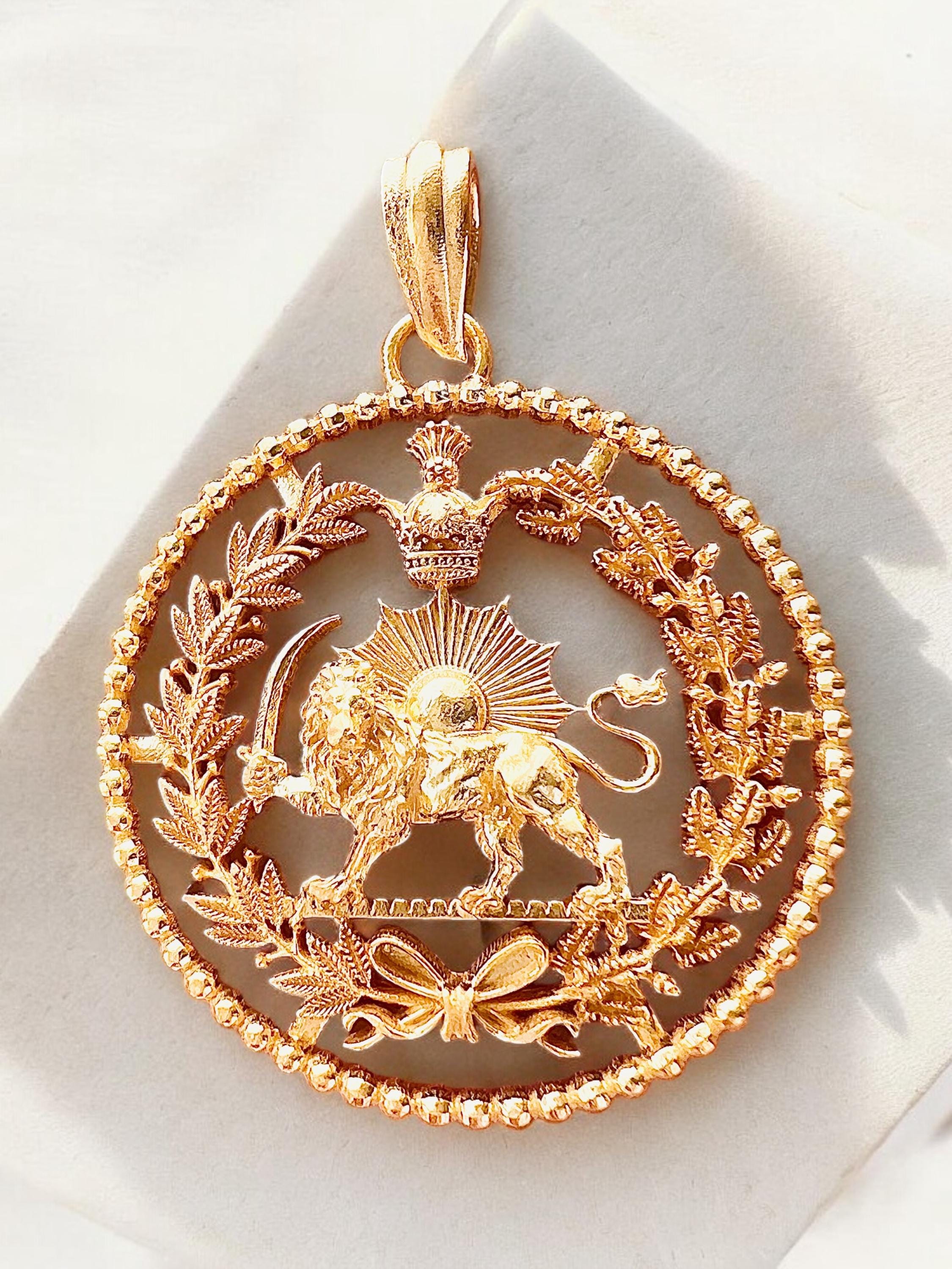 22k Gold Plated Pahlavi Lion & Sun Pendant Persian Persia Farvahar Necklace,