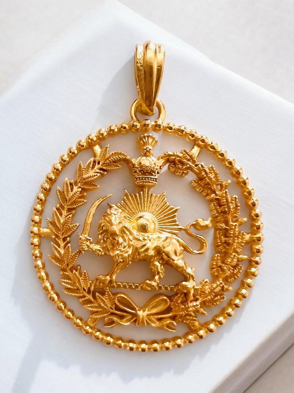 Pahlavi 22k Gold Plaited Lion & Sun Pendant: 925 Silver Farvahar Necklace