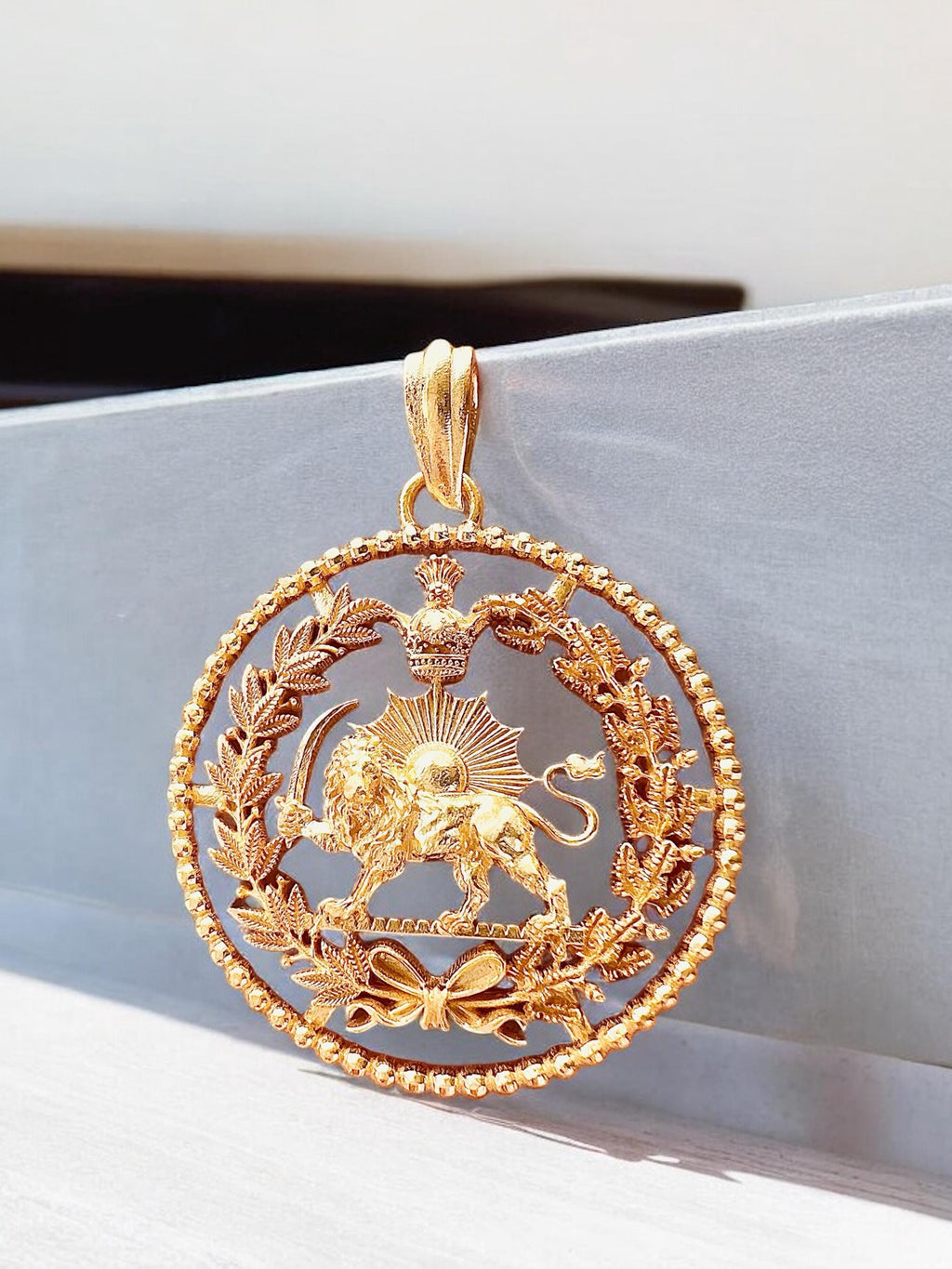22k Gold Plated Pahlavi Lion & Sun Pendant Persian Persia Farvahar Necklace,