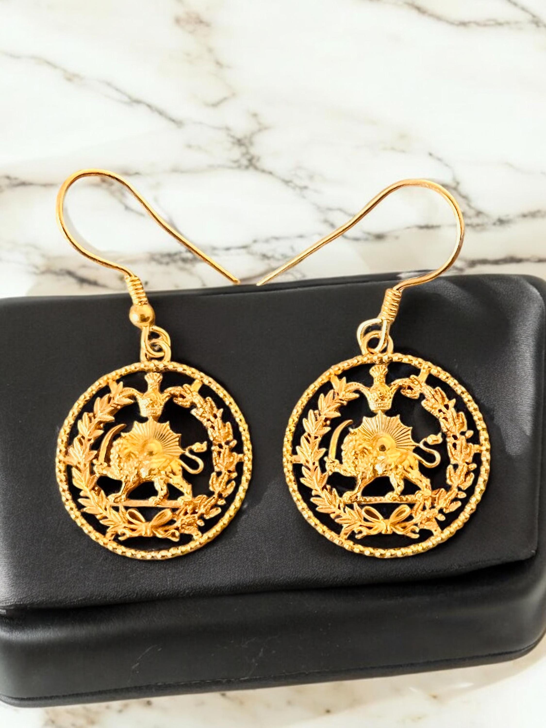 22K Gold Plated Lion & Sun Earrings: Pahlavi Persian art Persia Crown, 925 Silver