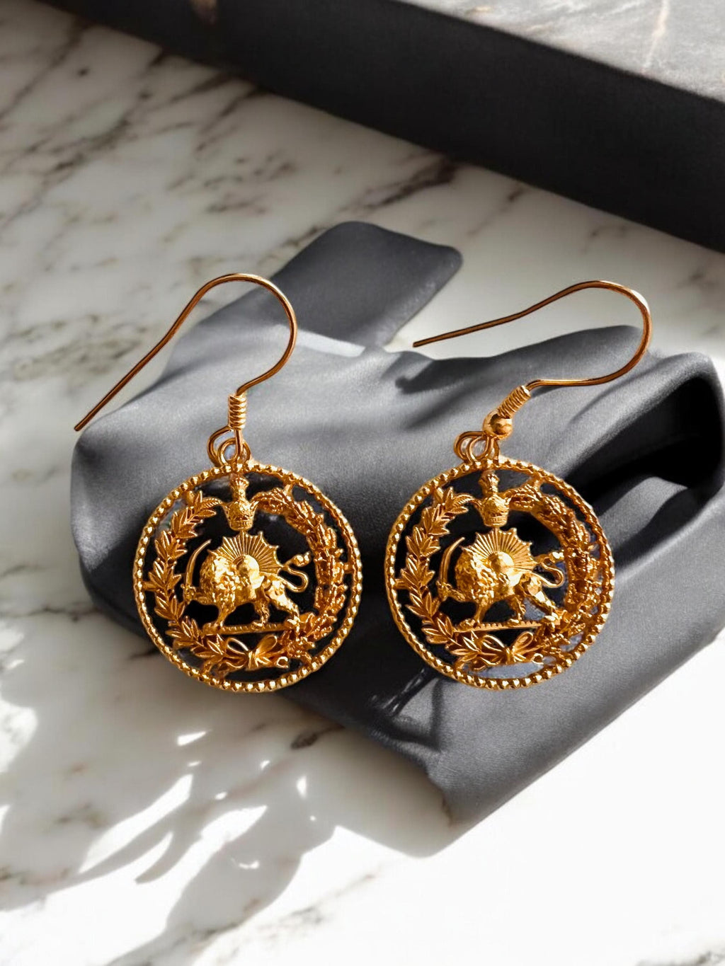 22K Gold Plated Lion & Sun Earrings: Pahlavi Persian art Persia Crown, 925 Silver