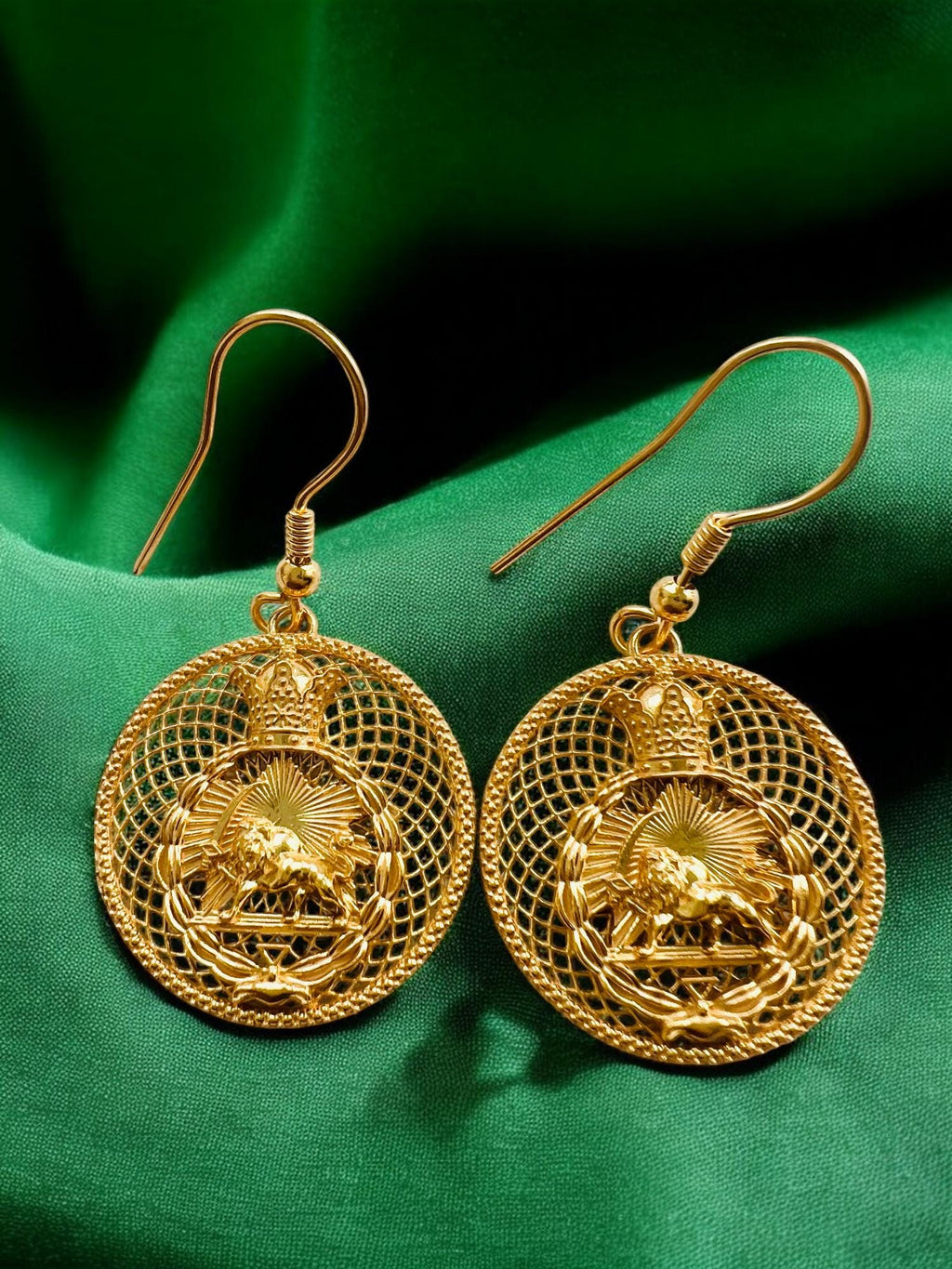 22K Gold Plated Lion & Sun Earrings: Pahlavi Crown, 925 Sterling Silver