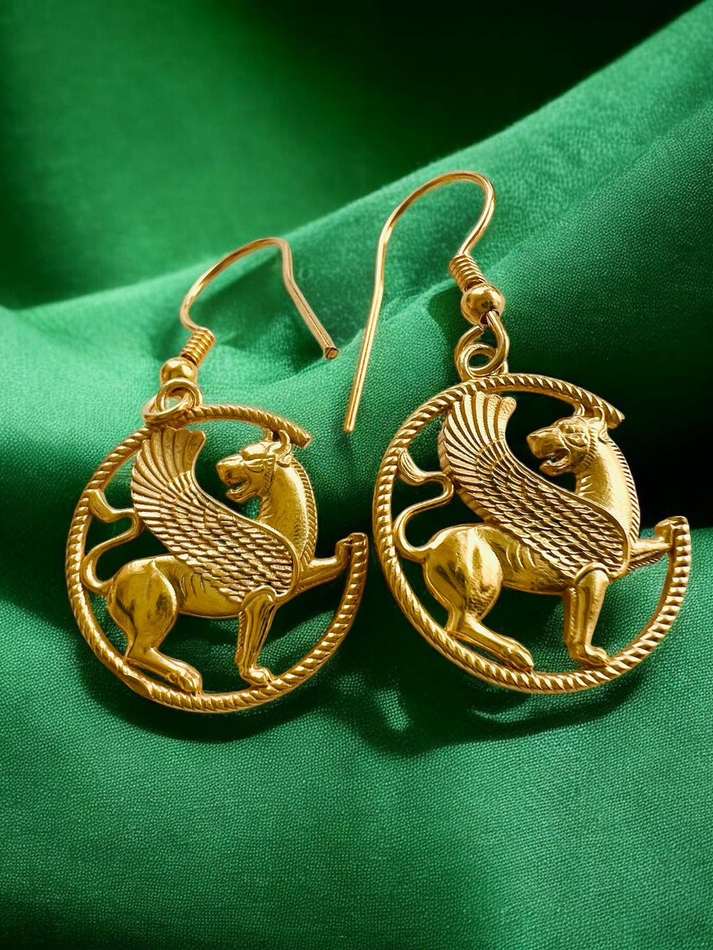 Persian Imperial Griffin Earrings • 22K Gold Plated • Handcrafted 925 Silver Mythical Jewelry,Persia, made in Turkey