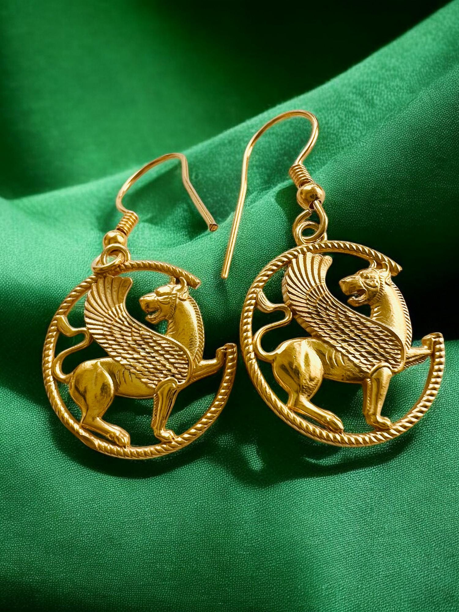 Persian Imperial Griffin Earrings • 22K Gold Plated • Handcrafted 925 Silver Mythical Jewelry,Persia, made in Turkey