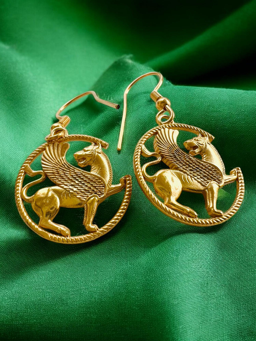 Persian Imperial Griffin Earrings • 22K Gold Plated • Handcrafted 925 Silver Mythical Jewelry,Persia, made in Turkey